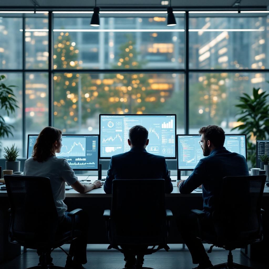 Forestil dig et foto, der viser en gruppe professionelle handlende, der sidder foran flere skærme i et moderne, lyst kontormiljø. Skærmene er fyldt med komplekse diagrammer, grafer og kode, der illustrerer realtids data og handelsalgoritmer. Midt i billedet er en skærm, der viser en detaljeret graf over en kryptohandel, hvor en AI-bot er i færd med at udføre en handel, men uden at det ser futuristisk eller science-fiction-agtigt ud – kun realistisk. Billedets komposition understreger samarbejdet mellem menneske og maskine, med fokus på transparens og kontrol i det finansielle økosystem, og bruger naturligt lys til at fremhæve kompleksiteten og alvoren i situationen. Udstyr som DSLR-kamera (f.eks. Canon EOS 5D Mark IV), med en standard zoomlins (24-70mm) og lav ISO (100-400) kombineret med en åben blender (f/4-f/5.6) sikrer skarphed og realistisk farvegengivelse, mens en lang lukkertid (f.eks. 1/60 sek.) fanger den dynamiske stemning uden at gå på kompromis med detaljerne. Dette motiv formidler en