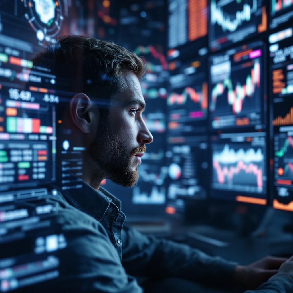 Et foto, der illustrerer AI-drevne handelsbots i aktion, kunne forestille en moderne handler (menneske) siddende foran flere skærme, hvor hver skærm viser komplekse diagrammer, algoritmer og realtidsdata for aktie- og kryptomarkedet. Kompositionen fokuserer på en kombination af midterstillede skærme med tydelige linjer, der peger mod markedsdata, mens den menneskelige bruger har en koncentreret og reflekteret kropsholdning, hvilket signalerer både kontrol og uvægerlig overvågning. Dette symboliserer, hvordan teknologi og menneskelig indsats arbejder side om side i en præcis balance mellem automation og beslutningstagning. Eksponeringsindstillingerne er sat til en skarp, realistisk gengivelse med fokus på klarhed i diagrammer og skrift, for at understrege transparens og nøjagtighed i den moderne finanssektor. Kameraet er en Nikon D6 med en 24-70mm f/2.8 lens, med en lukketid på 1/125, blænde f/4, og ISO 400 for at sikre detaljerne i både skærmene og den handlerorienterede atmosfære . Billedet fremhæver et kon