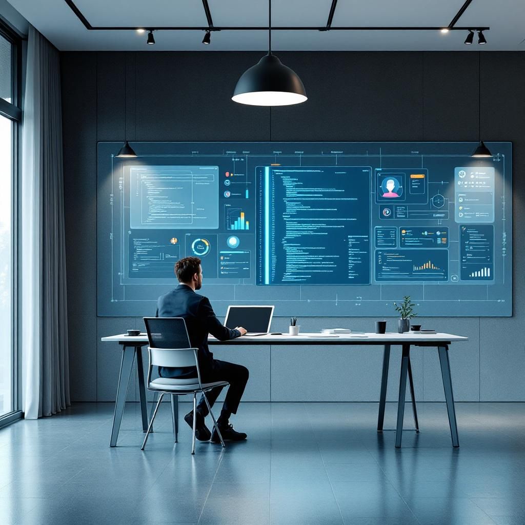 Billedet viser en moderne, virksomhedsinspireret arbejdsplads med fokus på teknologi og automatisering. I forgrunden sidder en it-konsulent eller leder ved et højt, klart bord med flere skærme foran sig, der viser komplekse flowdiagrammer og kode. Bagved ses en stor drop-in-opsætning med flere avancerede skærme, der illustrerer forskellige agentiske workflows – som flowcharts for sekventiel intelligens og parallellisering – oplyst med bløde, blå og grønne toner, der signalerer innovation og digital fremtid. Lyset er blødt, men med præcise fokusstråler på skærmene, hvilket understreger den teknologiske præcision i arbejdsgangene. Kameraet er en spejlrefleksmodel, Canon EOS-1D X Mark III, optaget med en 24mm linse til bred komposition, med en lav ISO for skarpe, støjfri detaljer, og med en hurtig lukkerhastighed for at fange den dynamiske aktivitet i rummet.