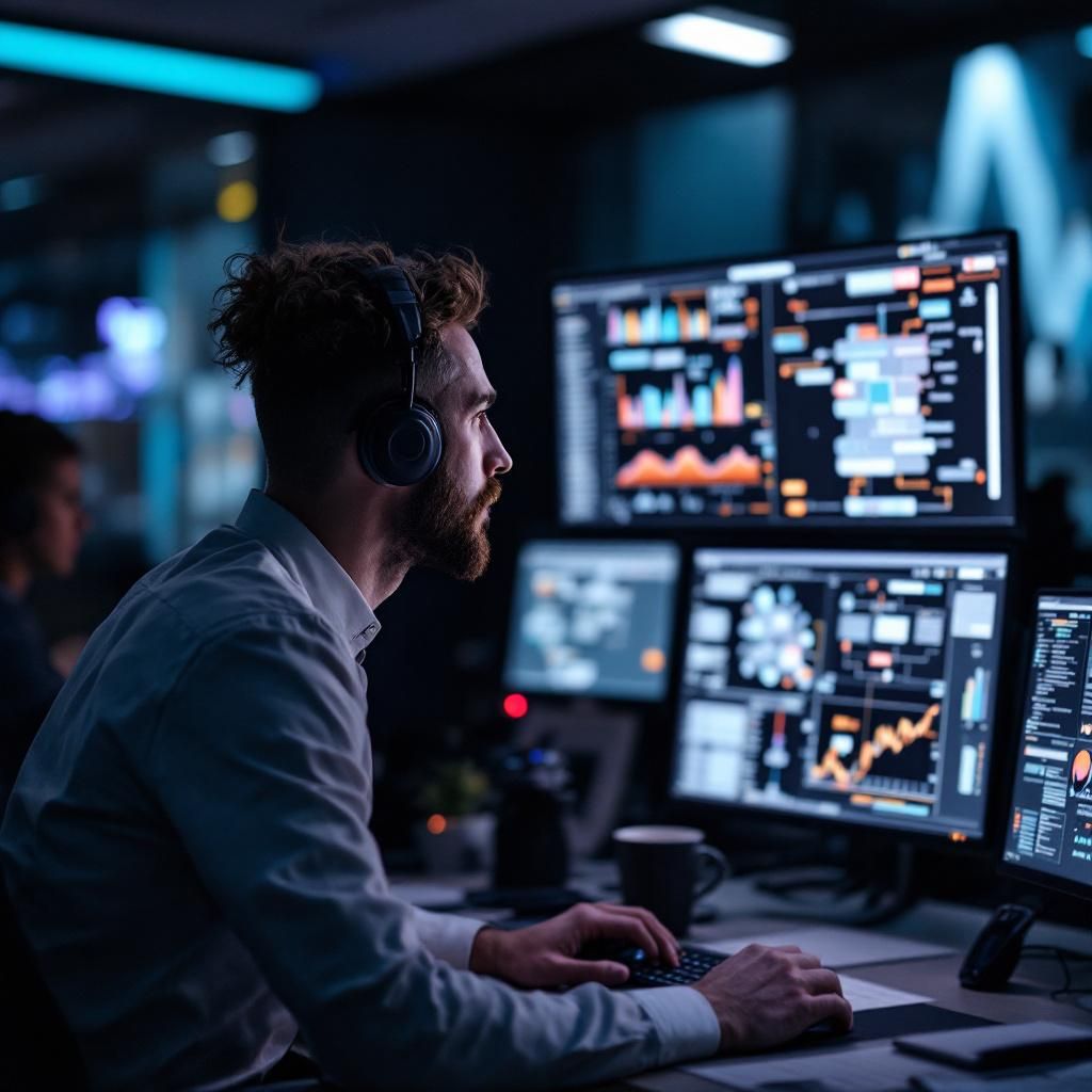 Motivet for billedet viser en professionel dansk it-chef, der står i et moderne kontrolrum. Rummet er fyldt med store skærme og monitorer, der viser komplekse flowcharts, dataflow-diagrammer og grafiske repræsentationer af agentiske AI-workflows. Chefen peger fokuseret på en af skærmene, hvor en animationslignende diagram illustrerer samspillet mellem flere specialiserede AI-agenter, der arbejder i et autonomt loop. Bagved kan man se en hvidmappe med noter og et digitalt whiteboard med skitser og strategikort, hvilket understreger den praktiske og strategiske tilgang til implementeringen af avancerede AI-processer i organisationen. Motivet fanger essensen af, hvordan danske virksomheder aktivt arbejder med at bruge agentbaserede workflows til at forbedre processtyring og innovation i den virkelige verden. Kompositionen er centreret omkring it-chefen i forgrunden med en let lav vinkel, hvilket giver en kraftfuld og dynamisk følelse af lederskab. Skærmene er arrangeret i en semi-horisontal kurve, der illustrer