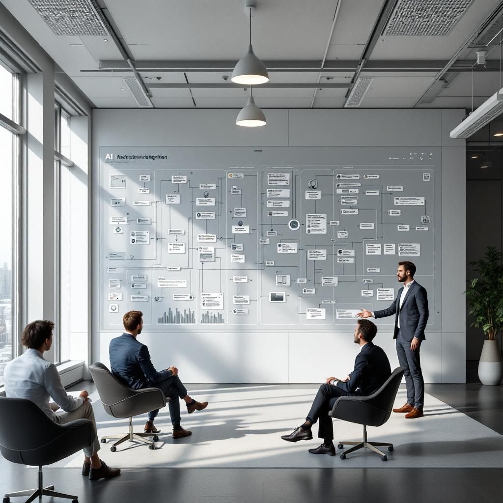 Forestil dig et realistisk billede af en dansk virksomhedskontor, hvor en gruppe engagerede it-specialister og ledere er i gang med at overvåge en stor skærm, der viser en kompleks, dynamisk workflowdiagram for AI-agentarbejdsgange. Skærmen er opdateret i realtid og viser forskellige workflow-mønstre som