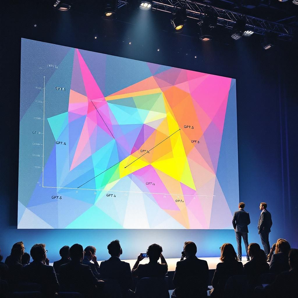 Billedet viser en hektisk teknologikonference eller pressemøde, hvor en stor skærm viser et diagram med tydelige fejl – f.eks. en søjle, der viser GPT-5’s score som højere end GPT-4o’s, på trods af data, der modsiger dette. Motivet er en gruppe udviklere og journalister foran skærmen, med tydelige ansigtsudtryk af forvirring, frustration og lidt humor, hvilket understreger kaosset omkring lanceringen. Kompositionen fokuserer på skærmen som den centrale del, med fokus på den åbenlyse fejl, men også med strejf af mennesker i midten og baggrunden, hvor folk billeder kan ses noterende eller med alvorlige miner. Med anvendelse af et kraftigt teleobjektiv (f.eks. Canon RF 70-200mm f/2.8L IS USM) er der skabt en præcis dybdeskarphed, der isolerer skærmen, mens baggrunden er let sløret. Indstillingerne er sat til en hurtig lukketid, omkring 1/250 sekund, for at fange øjeblikkets dynamik, kombineret med en lav ISO (100-400) for skarphed og klarhed, selv i det indendørs miljø. Billedbehandlingen fokuserer på at forstæ
