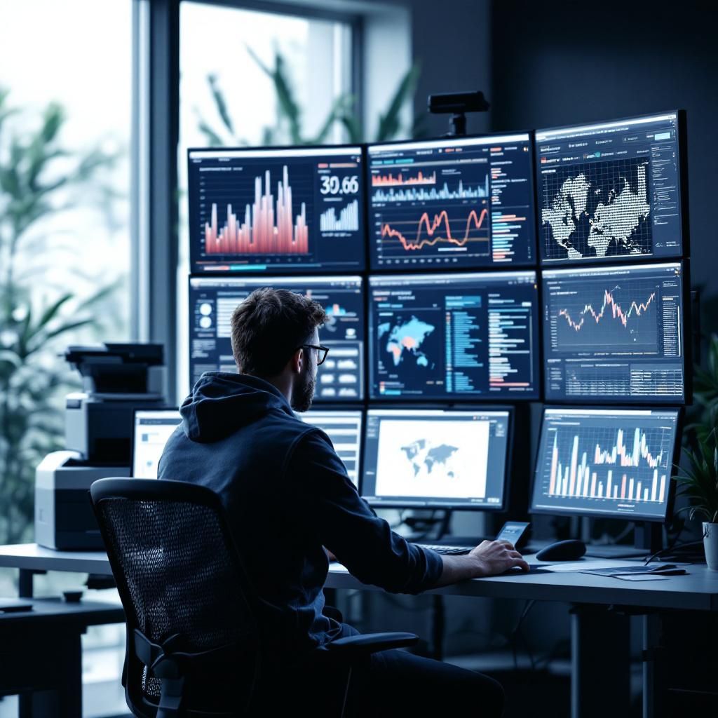 Billedet viser en travl IT-operations guru, der sidder foran en stor, professionelt opsat monitorvej med flere skærme, hvor kodelinjer, grafer og fejllogs flimrer. Personen er i færd med at analysere og fejlsøge systemet, med fokuseret blik og hænder på et tastatur, mens en stor printer i baggrunden viser udskrifter af systemlogfiler. Kompositionen fokuserer på personens koncentration og den intensitet, der kræves for at håndtere kritiske fejl under en AI-launch, med en dyb, neutral farvepalette, der fremhæver det alvorlige tekniske miljø. Kameraudstyr: Canon EOS-1D X III, 24-70mm f/2.8 lens, blændeværdi f/4, ISO 800, hurtig lukketid 1/250 sek., jævn bored-camerainstilling for klarhed og fokus på ansigt og hænder, med blødt sidelys og røgfiltre for at skabe dynamik og dybde i billedet.