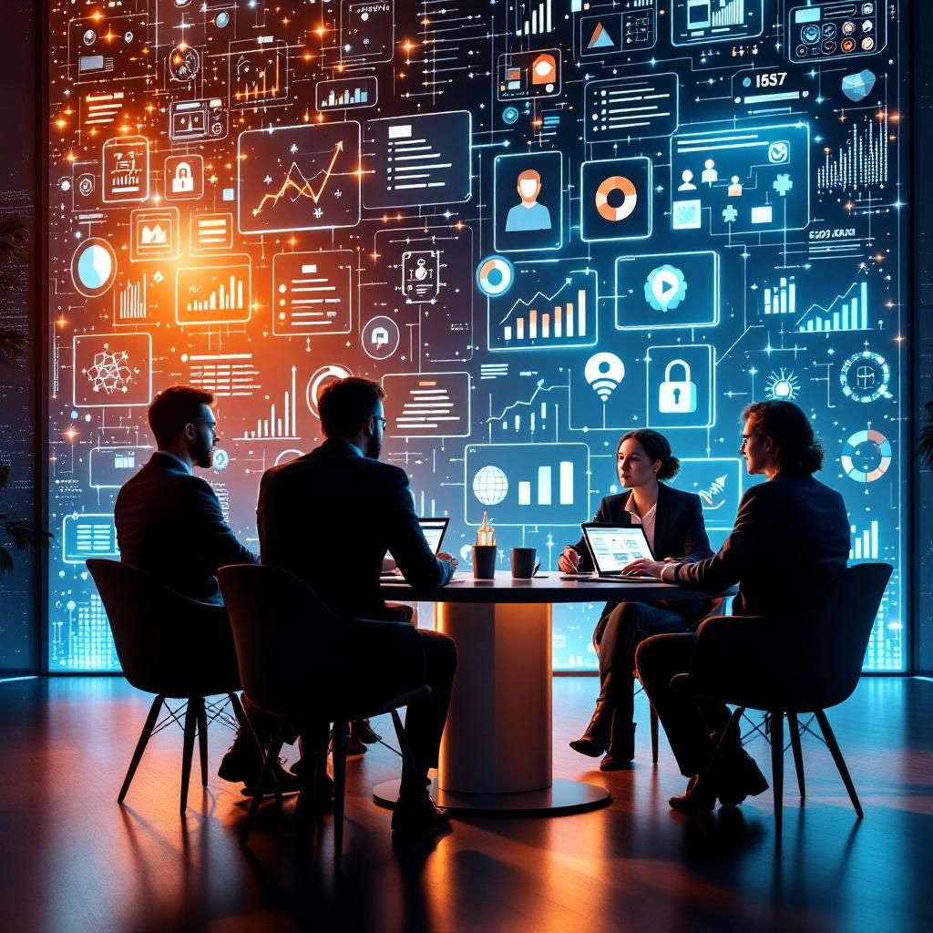 Billedet, der vil understøtte den sidste del af artiklen om specielt risiko- og strategiforståelse i forbindelse med store browser-oner og AI-integrationen, vil vise en moderne, professionel IT-ledelsesdiskussion i aktion. Motivets fokus er en gruppe af danske it-ansvarlige og strategiske rådgivere, der sidder rundt om et højt, elegant mødebors med en stor digital skærm i baggrunden. Skærmen viser grafer, risikoanalyser og data governance-diagrammer i en tydelig, realistisk formidling og illustrerer kompleksiteten i browser- og AI-strategi. Kompositionen bruger tredjedel-reglen for at placere interessenternes ansigter, der fokuserer på en person, der peger på skærmen, hvilket antyder ansvar og lederskab. Cameraet er en højmodeller be [...]er med en 24mm objektiv for at fange hele scenen i skarp detalje, med en blenderåbning på f/4 for dybde i baggrunden. Naturligt lys kombineres med blød refleksbelysning fra skærmen for at skabe et fokuseret, dynamisk look. Detaljerne på skærmen er tydelige, hvilket giver en