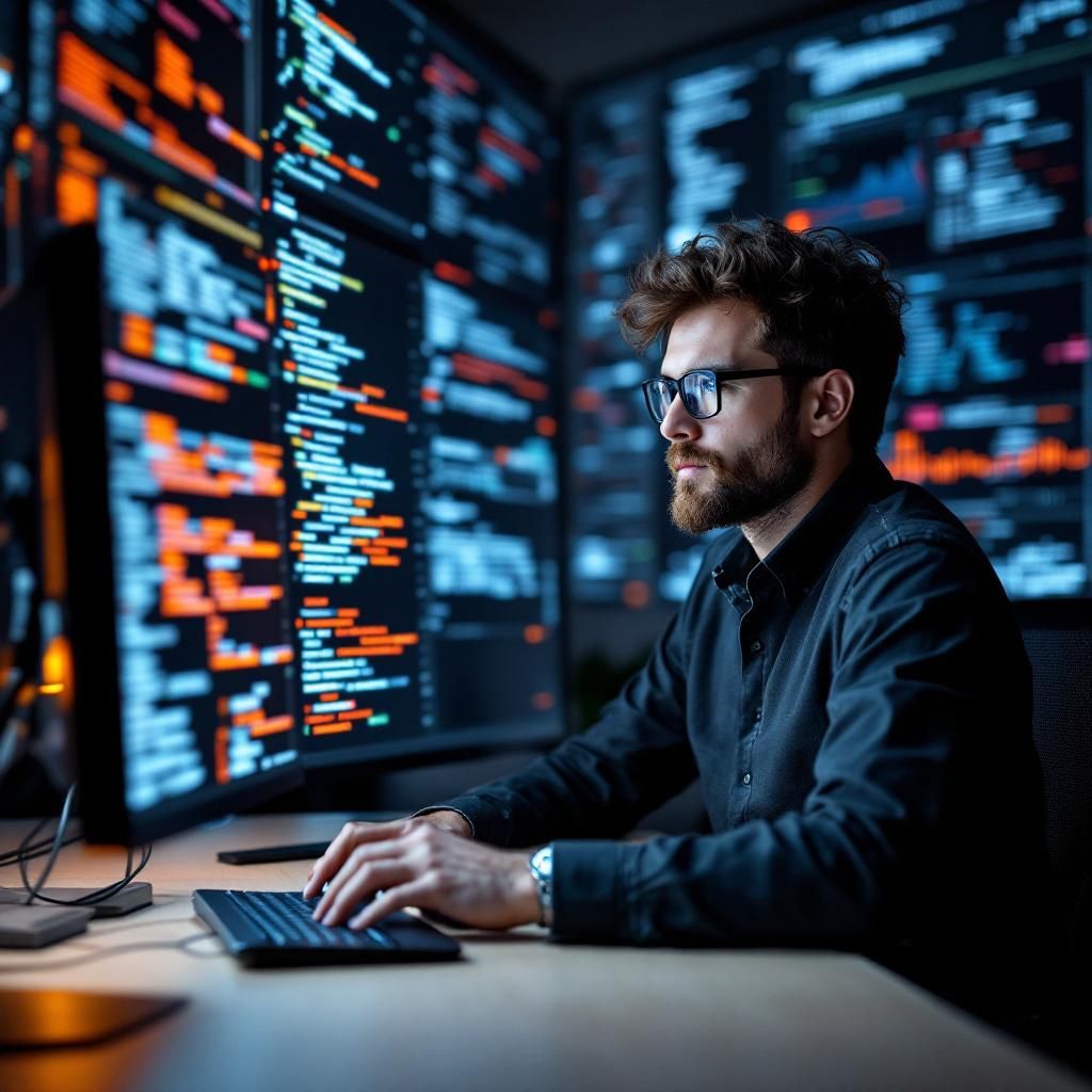 Forestil dig et professionelt foto taget i en kontor- eller IT-udviklingsmiljø, hvor en erfaren softwareingeniør sidder foran to store skærme, der viser komplekse kodestykker og databaser. Kameraet er sat i en bred vinkel, der fanger både personen og de store, transparente skærme fyldt med grafiske illustrationer af datastreams og tekstblokke, som symboliserer den enorme kontekstkapacitet af AI-modellen. Belysningen er blød, men fokuseret for at fremhæve skærmenes glødende indhold, hvilket illustrerer både teknologiens kraft og menneskets kontrol.
Stilen er realistisk, med præcis fokus på teknik og detaljer, hvor kameraet er en Canon EOS-1D X Mark III med en 24-70mm f/2.8 linse, indstillet til en lukketid på 1/125 sek., blænding f/4, og ISO 800 for at fange skærmenes klarhed og miljøets naturlige lys. Billedet skal kommunikere, hvordan avanceret AI-teknologi integreres i arbejdsprocesser, og understrege både potentialet og kompleksiteten ved de store kontekstvinduer, der nu er tilgængelige for virksomheder.