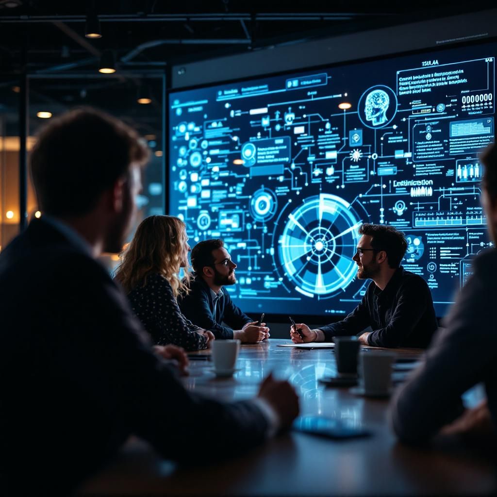 Billedbeskrivelse: En realistisk og dokumentarisk foto af en moderne virksomhedskontorindretning, hvor en gruppe danske erhvervsfolk i professionelle, afslappede omgivelser diskuterer over en stor digital skærm, der viser komplekse diagrammer og kodelinjer. Billedet illustrerer en aktiv beslutningsproces omkring AI-teknologi, med fokus på samarbejde, innovation og datainfrastruktur. Lækre, neutrale farver med blødt dagslys fremhæver en tillidsfuld og professionel stemning, hvor teknologien er i centrum uden futuristiske elementer, men stadig utvetydigt moderne og relevant.

Teknisk opsætning: Kameraet er en Canon EOS R6 med en 24-70 mm f/2.8-objektiv, valgt for sin evne til at fange et bredt udvinklet, skarpt billede med god dybdefokus. Indstillingerne er sat til en lukketid på 1/125 sekund, blænde f/4 for en passende dybdeskarphed, og ISO 400 for at håndtere det bløde dagslys uden støj. Billedet er taget i råformat og efterbehandlet minimalistisk for at fremhæve den professionelle atmosfære, med fokus på skæ