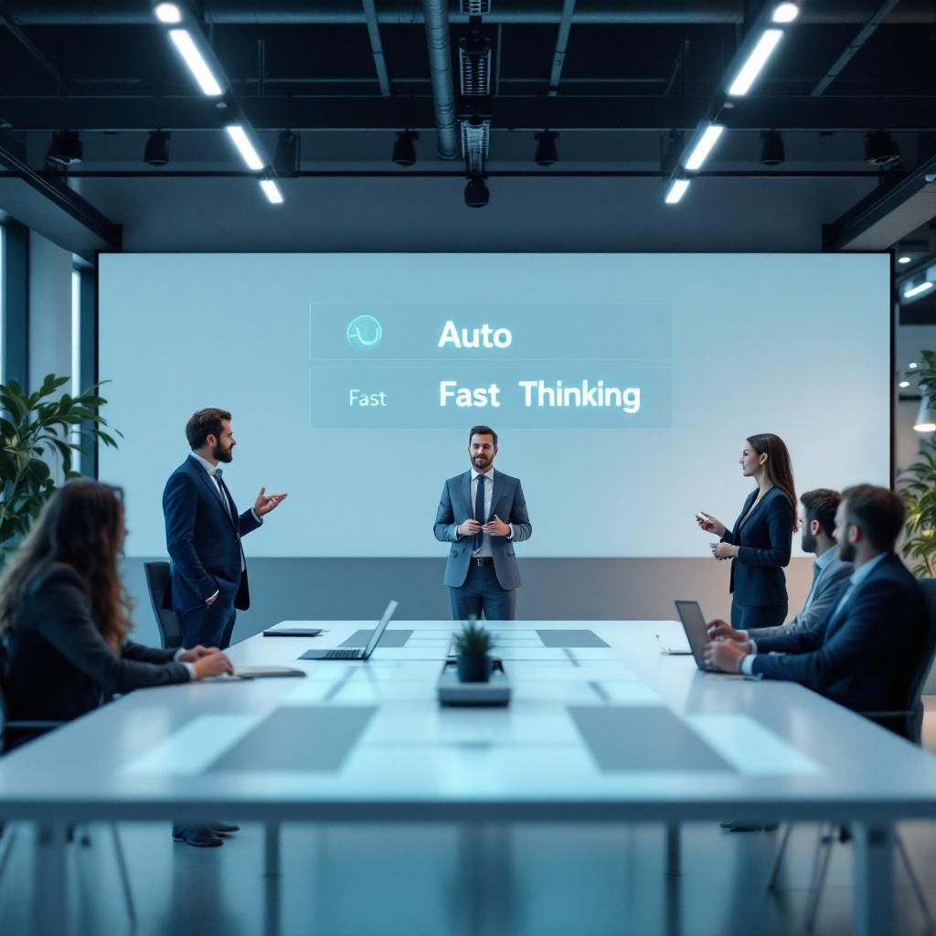 Forestil dig et foto, der indfanger brugerfeedback og den komplekse balancingakt mellem automatisering og kontrol i AI-teknologi. Motivet er et moderne kontorlandskab med en gruppe professionelle, der diskuterer foran en stor skærm, hvor en grafisk repræsentation af GPT-modelvælgeren tydeligt er synlig – med knapper mærket