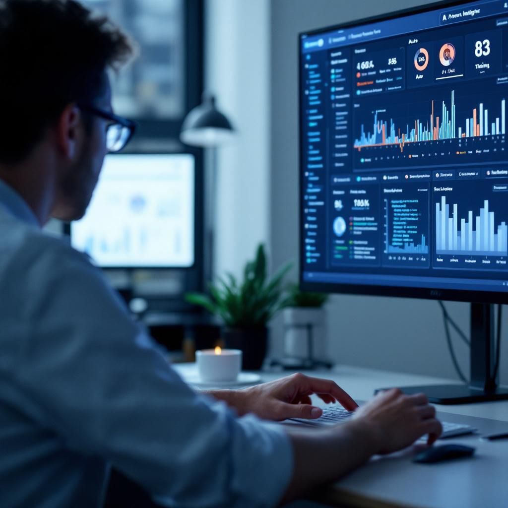 Til at illustrere den komplekse overgang fra automatisk modelstyring til brugervalgte indstillinger, forestiller jeg et realistisk, dokumentaristisk billede af en moderne kontor- eller tech-arbejdsscene. Motivet er en professionel i fokus, der sidder foran to store skærme, hvor den ene viser en simpel brugergrænseflade med tre tydelige valgmuligheder: Auto, Fast og Thinking, mens den anden skærm viser et mere detaljeret AI-analysesystem med grafer, kode og performancescore. Personen ser koncentreret ud, med en let ansigtsudtryk af vurdering og kontrol, hvilket visualiserer bekymring og behov for præcision i AI-styring.
Kompositionen bruger den tredeling, der placerer personen let til siden for at skabe plads til skærmene, med blødt lys fra skrålys, der understreger fokus og intensitet. Kameraet er en DSLR af høj kvalitet, fx Canon EOS-1D X Mark III, sat til en aperture på f/2.8 for at skabe en skarp forgrund med let bokeh i baggrunden, der indeholder kontor- og datamaskiner. Eksponeringsindstillinger er omkr