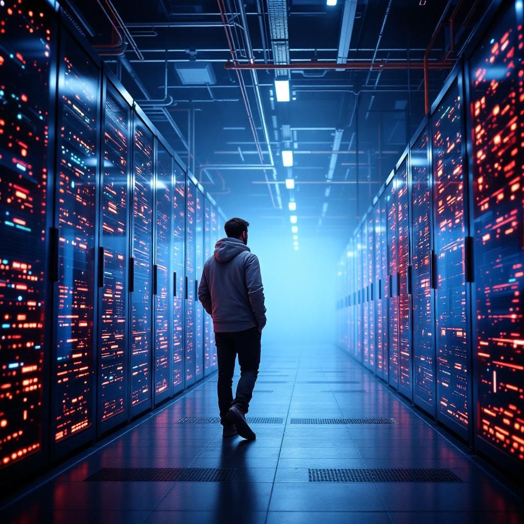Et fængende, realistisk foto, der visualiserer den abstrakte konflikt mellem proprietære og åbne AI-økosystemer, kan tage udgangspunkt i en moderne datacenter-agtig scene. Forestil dig en stor, industrielt prægget rumopstilling med just-nu-aktive serverlags, hvor nogle racks er domineret af sorte, mærke-nære Nvidia GPU-kort, mens andre rummer åbne, ikke-mærkede hardwareenheder med tydelige, farverige kabler og tilslutninger, der symboliserer et eksperimenterende community. I midten er en person i ført arbejds- eller forskningsbeklædning, der på vej mod en skærm, som viser komplekse, realtidsgenererede grafer og kode, der illustrerer både Nvidia- og Huawei-platforme, hvilket understreger den tekniske overgang. 

Kompositionen bruger den tredje deling til at fremhæve modstridende kræfter: den ene side viser velkendte Nvidia-logoer, mens den anden har symboler for åben source-platformen, såsom et Linux- eller open-source-logo. Lyset er køligt og neutralt, med bløde skygger, hvilket giver et dokumentarisk og real