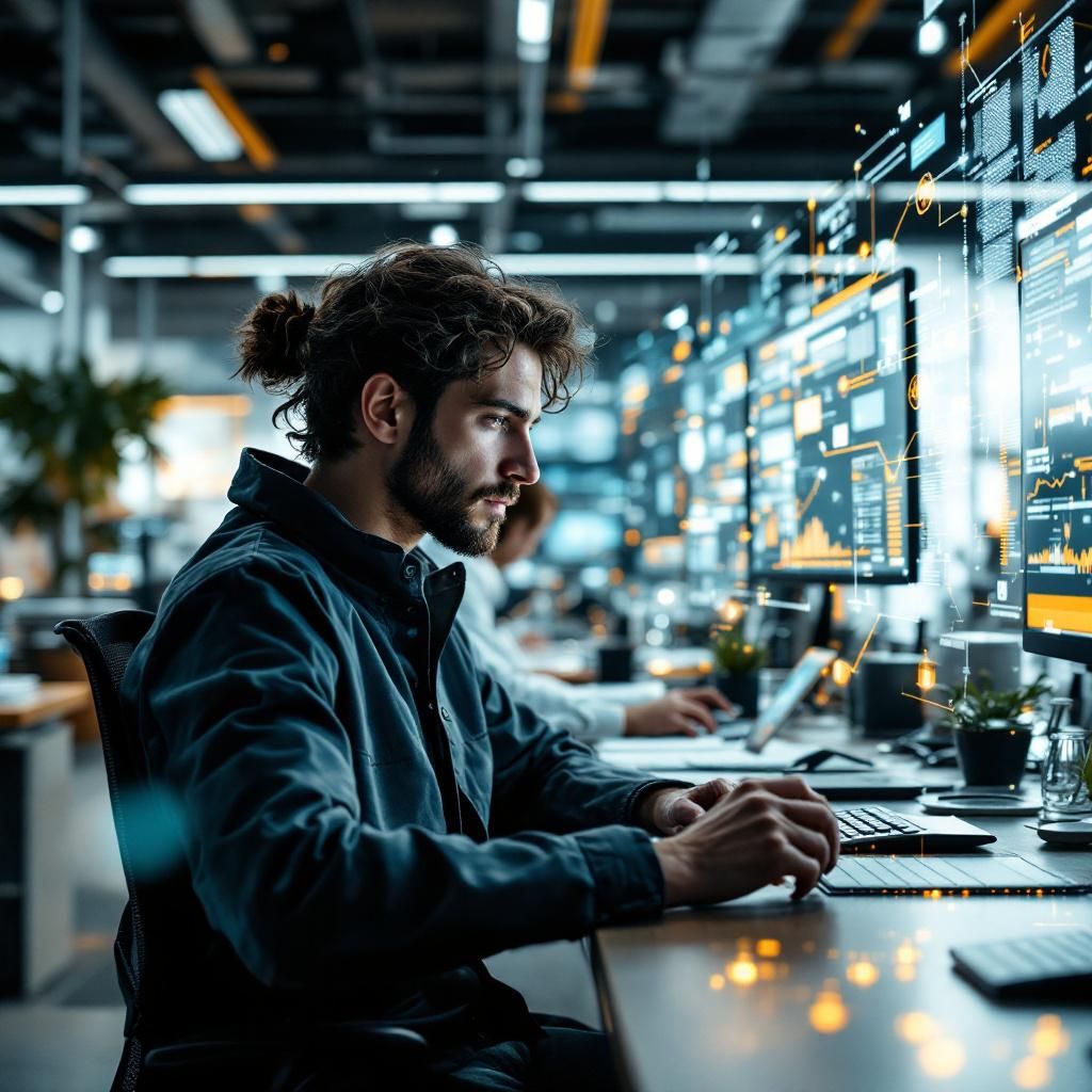 Dette foto forestiller en daglig, men vigtigt øjeblik i et futuristisk, teknologidrivet forskningslaboratorium, hvor avancerede AI-udviklere arbejder med nye open-source platforme. Motivets abstrakte elementer fremstår som en kompleks, men realistisk scene med flere lag: forskere i en minimalistisk kontor- eller laboratoriemiljø, der bruger high-tech skærme og avanceret hardware, mens et kæmpe, digitalt kort over globale AI-netværk vises på væggen. Det centrale fokus er en udvikler, der betragter en skærm, hvor en grafisk visualization af dataflow og netværksforbindelser flyder som abstrakte linjer og geometriske former, hvilket symboliserer den globale strøm af AI-innovation og åben source-bevægelsen. Billedets komposition bruger tredjedelsreglen for at skabe balance mellem menneske og teknologi, med blødt, men skarpt lys, der fremhæver de teknologiske detaljer uden at fremmedgøre, og understreger det realistiske miljø.

Teknisk opsætning er baseret på en Canon EOS R5 med en 24mm RF-objektiv, indstillet til 