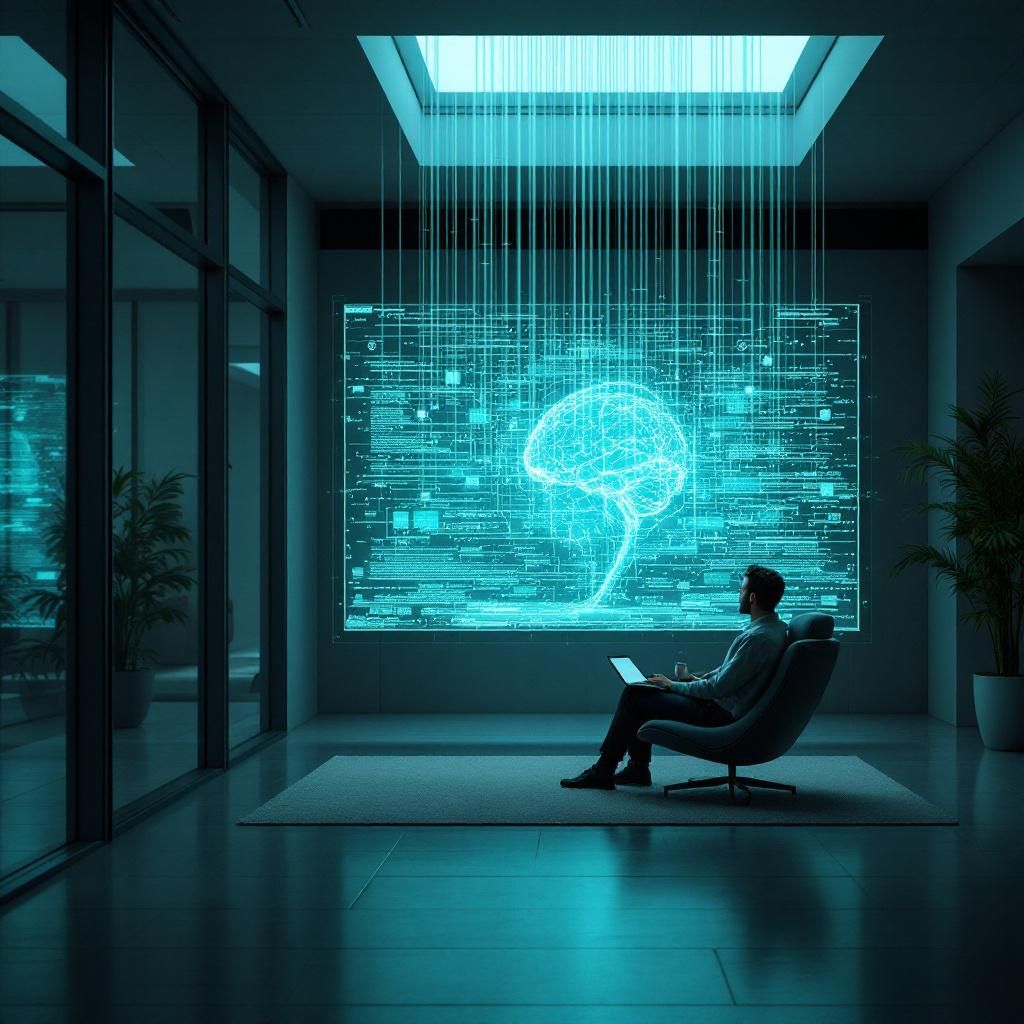 Billedet, der bedst fanger den abstrakte essens af den pågående hjerne-computer teknologi i en realistisk og dokumentaristisk stil, viser en futuristisk, men hverdagets scene: en lys, moderne kontorbygning med store vinduer, hvor en enkelt person – uden at fokusere på ansigtet – sidder afslappet foran en avanceret, transparent skærm, der projicerer komplekse netværk af digitale impulser og neurale forbindelser. Rummet er fyldt med blødt, diffust lys fra ultratynde, integrerede lysstrimler i loftet, der symboliserer den smidige integration mellem menneske og teknologi, uden at de fysiske komponenter er i fokus. Rørege påvirkes af subtile strømme af data, visualiseret som svage, vibrerende linjer, der symboliserer informationsstrømme mellem hjernen og maskinen, hvilket skaber en stærk abstrakt fortælling om konvergensen uden at bruge clichés som gear eller robotarme.

Kompositionen er baseret på tredelingsreglen for at lede øjet gennem billedet: både den roligt sidende person, det åbne vindue mod en urban by, o