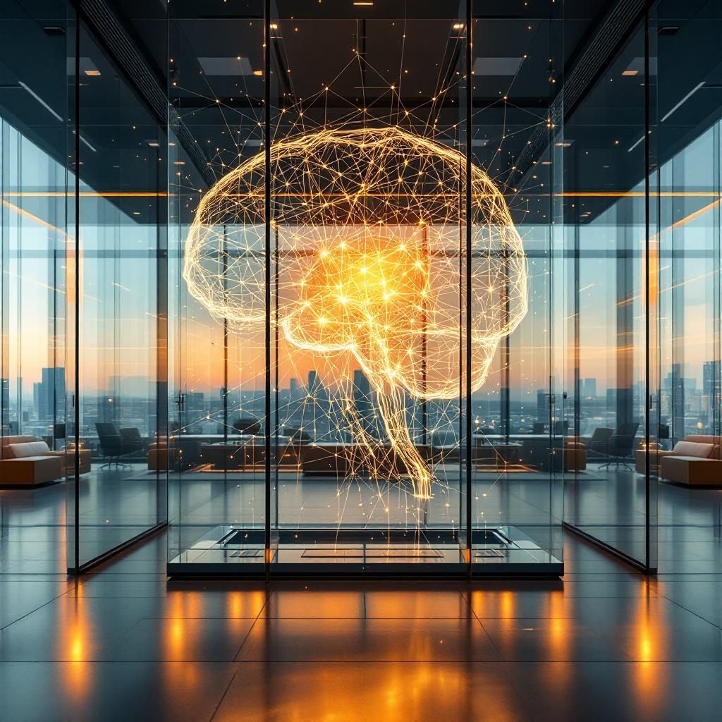 Forestil dig et nærbillede af en moderne arbejdsplads i et klart, nordeuropæisk kontorlandskab. I midten af billedet er en stor, transparent glasvæg, der symboliserer grænseløs kommunikation, med abstrakte, let digitale mønstre, der vandrer over overfladen - som sidder de lige på kanten af bevidstheden. Disse mønstre er konstrueret af finmaskede netværk, der minder om en kompleks, menneskeskabt neurale struktur, men uden at vise mennesker direkte; i stedet ligger fokus på subtile refleksioner i glasset, der antyder en form for usynlig, digital grænseflytning mellem menneske og maskine. Belysningen er jævn og naturlig, med bløde skygger, der understreger den dokumentaristiske stil, men også giver en let futuristisk fornemmelse gennem de okkerfarvede nuancer.

Bagved ses en kontorbygning med uklare, men alligevel genkendelige elementer af moderne teknologi: skærme, data-porte og andre elementer, der antyder en bevægelse mod mere integreret menneske-maskin-understøttelse. Hele scenariet er taget fra en hverdag i