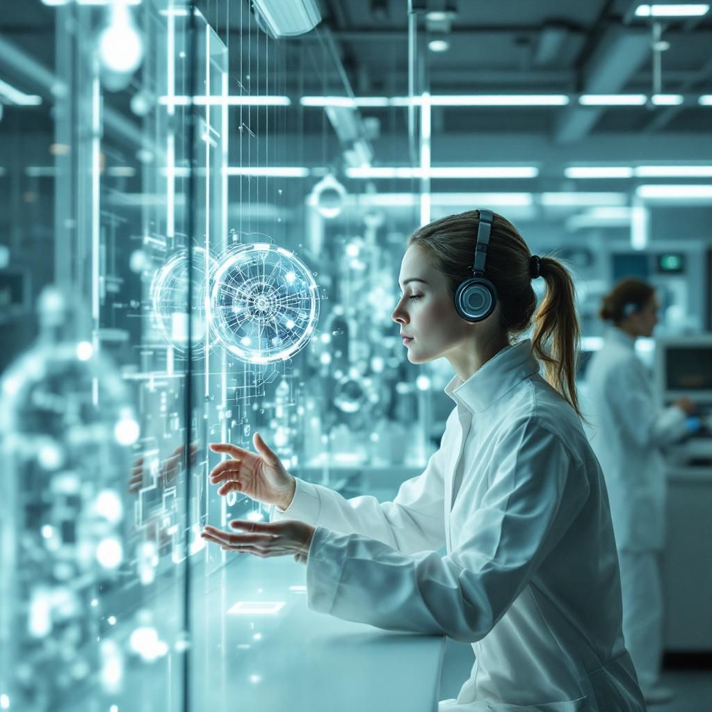 Dette fotografi præsenterer en fascinerende dokumentaristisk scene, hvor abstrakte repræsentationer af teknologi og biologiske processer bliver vævet sammen i en dagligdags, men alligevel futuristisk indstilling. Stemningen er sat i et moderne laboratorie eller innovationsmiljø, hvor en person – synlig kun i silhuet eller delvist udtømt – er affødt i en dynamisk interaktion med omgivende elementer såsom digitale skærme, interaktive interfaces eller ultratynde, glasteknologier. Atmosfæren er præget af naturligt lys, der filtrerer gennem klare vinduer, hvilket skaber et spil af skygger og lys, der symboliserer forbindelsen mellem menneske og maskine. Det abstrakte motiv, der dominerer billedet, kunne eksempelvis være en harmonisk linje af digitale data, der flyder ud af personens hoved eller hænder, hvilket visualiserer den indre strøm af tanker, data og teknologisk integration uden at vise direkte hardware eller personer i fokus .

Kompositionsmæssigt opbygges billedet med brug af det gyldne snit, hvor den abs