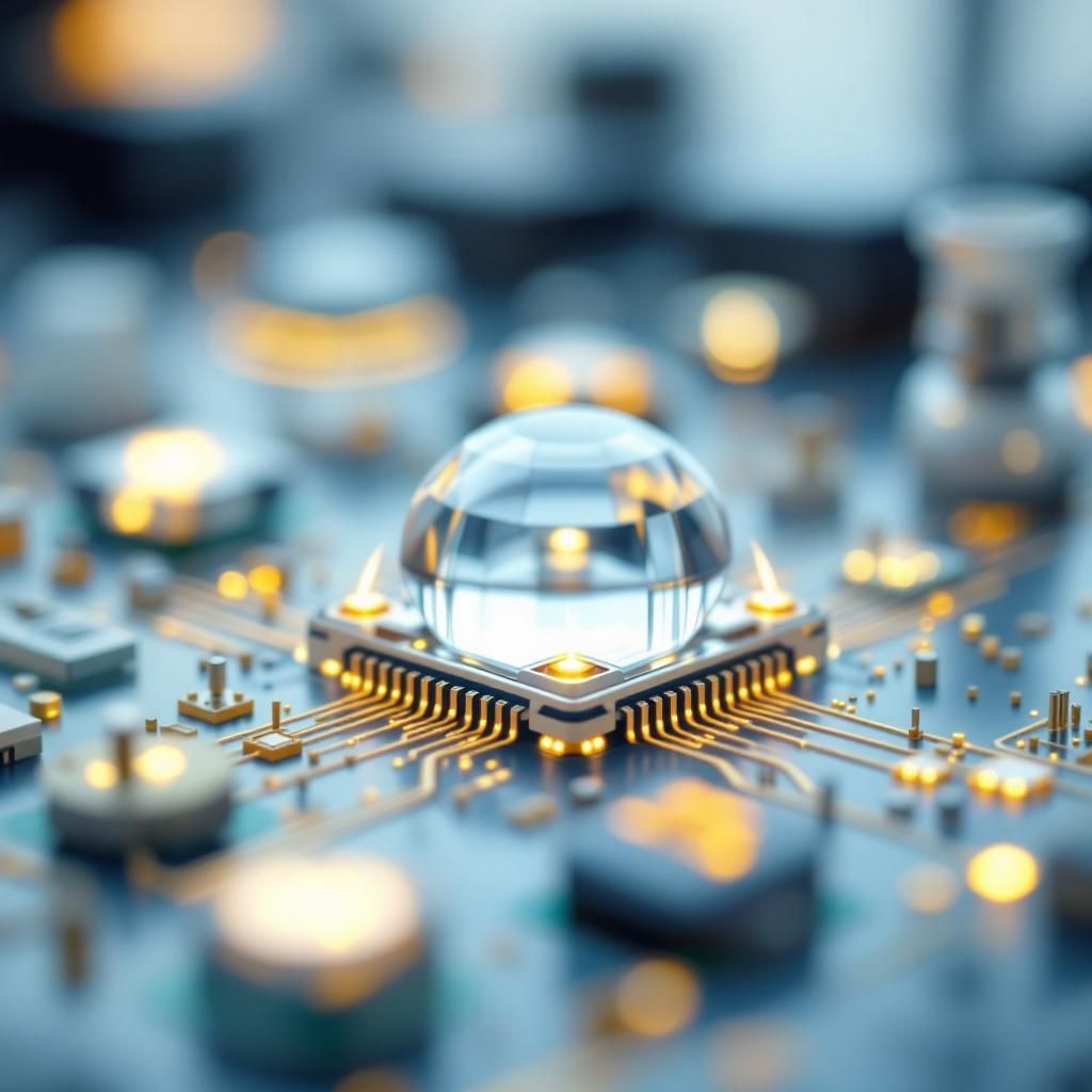 Billedet er en dokumentaristisk optagelse af en moderne forskningslabmiljø, hvor avancerede optoelektroniske komponenter dyrkes og udvikles. I forgrunden ses en række transparente, let oplyste lysende strukturer – miniatureversioner af lysledende chips – placeret strategisk i en organisation, der minder om et værksted med borde, laboratorieudstyr og teknologiske elementer. Omgivelserne er præcist oplyst med en kombination af bløde, blålige nuancer og skarpe, hvide lys, der fremhæver den kolde, teknologiske stemning. Her er fokus på den kreative, tværfaglige innovation, og miljøet symboliserer både viden og potentiale – en metafor for den britiske styrkeposition i optoelektronik – uden at blive sceneskabt eller overdrevent futuristisk. Kompositionen udnytter den tredjedel-reglen, hvor de oplyste strukturer og værktøjer danner en linje gennem midten, hvilket skaber en vis visuel balance og dybde. Prikken over i'et er små, subtile refleksioner og fine linjer, der visualiserer data- og lysstrømme, hvilket funder