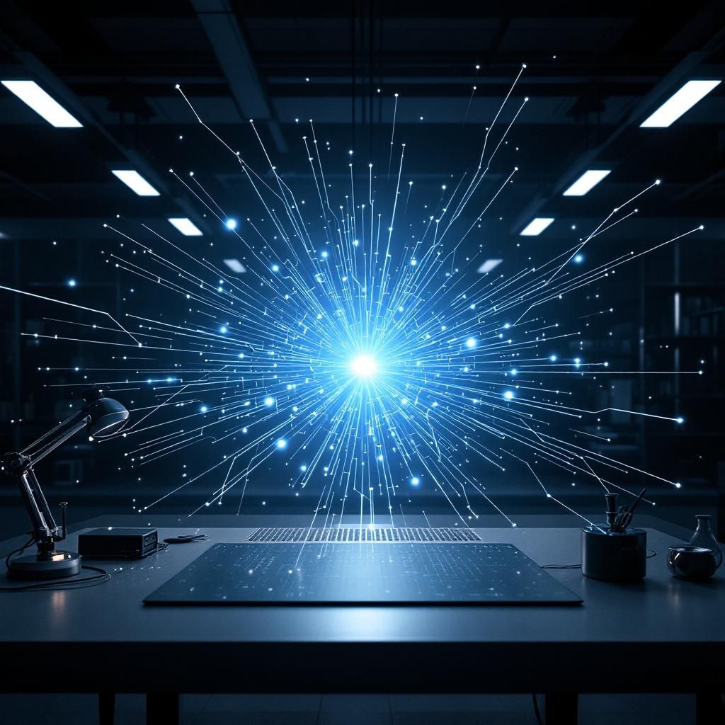 Billedet viser en abstrakt dokumentaristisk scene i et moderne, højteknologisk laboratoriemiljø, hvor et stort, komplekst netværk af lysskilte og LED-lys reflekterer over et mørkt bord eller arbejdsstation. I centrum hænger en dynamisk lyspendel, der symboliserer information og data-strømme, der flyder gennem lynhurtige optoelektroniske systemer, vist gennem skarpe kontraster og geometriske former. Den neutrale, men alligevel intense belysning fremhæver den kreative ingeniørkunst, mens subtile skygger antyder hemmelige dele af innovationen, uden at afsløre for meget. Uden personer i fokus, men med enkelte skitserede fremmedartede komponenter og åbne prototyper, signaleres en aktiv, men realistisk scenarie af fremtidig teknologisk udvikling – klar til at understøtte en storindustris ønske om at bryde igennem flaskehalse og skabe nye, britiske AI-chips. Kompositionen balancerer symmetrisk og asymmetrisk visuel vægt for at fremhæve de abstrakte elementer som data-strømme, bølger af lysbølger og innovative desig