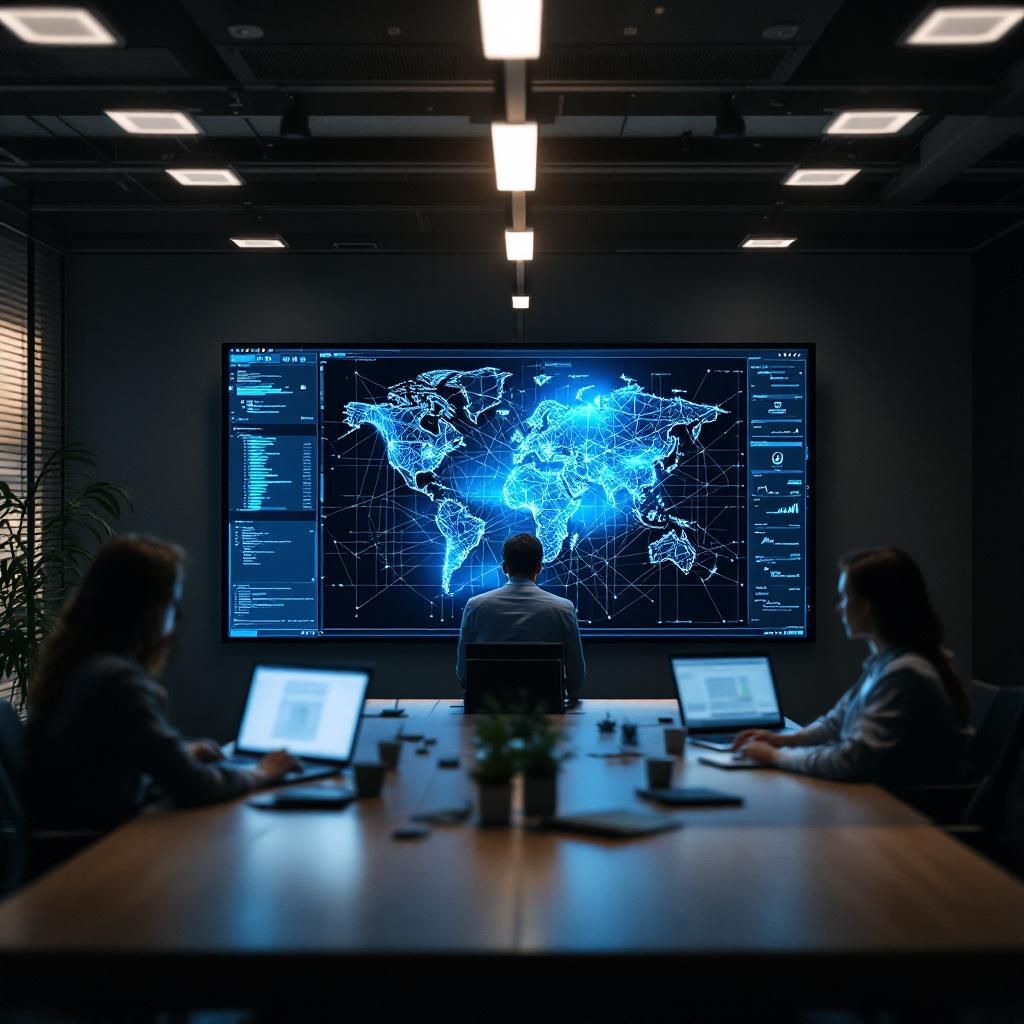 Mit fotografi viser en moderne virksomhedskonter i et dynamisk miljø, hvor medarbejdere arbejder i et kontorlandskab, præget af en rolig og fokuseret atmosfære. I midten er en stor skærm med et realistisk, abstrakt kematisk netværksdiagram, der visualiserer AI’s realtidsdetektion og overvågning af netværkstrafik, brugeradfærd og trusselsdata. Røg eller let tåge skaber en subtil følelse af kompleksitet og hurtighed, hvor lyset fra skærmen reflekteres på medarbejdernes ansigter og omgivelser, hvilket forstærker den konstante alerthed i moderne cybersikkerhed. Udstyret består af minimalistiske installasjoner, der symboliserer digital infrastruktur, med en farveskala i kølige blå og grønne toner, der signalerer tillid og teknologisk præcision . Kompositionen er i tredjedelsreglen, hvor digitalt netværksdiagram er placeret til højre, mens medarbejdere og maskiner er placeret til venstre og i forgrunden, hvilket skaber en balance mellem menneskelig aktivitet og avanceret teknologi. Kameraet er en Canon EOS-1D X II
