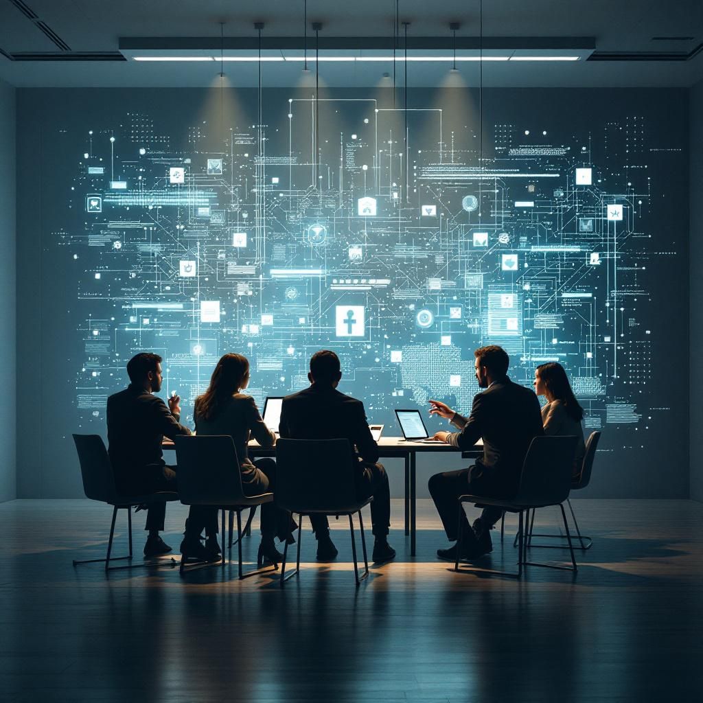 Det fængende og spændende foto, der passer til den sidste tredjedel af artiklen, viser en moderne, realistisk dagligdags situation i et dansk virksomheds- eller offentligt miljø, hvor avanceret cybersikkerhed er i fokus. Billedet skildrer en kontorbygning eller ISA-lignende stue med atmosfærisk, indirekte belysning, hvor en gruppe professionelle står i en dynamisk, tætpakket diskussion, mens en stor, digital skærm fylder baggrunden. På skærmen ses abstrakte, men realistiske visualiseringer af datastreams, kontekstbaserede adgangsvurderinger og netværkstrafik - symboler i form af flydende, lysende linjer og punkter, der illustrerer den komplekse informationsflyt, AI-analyse og realtidsdetektion, uden at være cliché eller sci-fi-præget. En håndbevægelse retter sig mod skærmen, hvilket illustrerer kontinuerlig overvågning og beslutningstagning, mens medarbejdere i baggrunden arbejder fokuseret, men diskret, hvilket understreger balance mellem teknologi, menneskelig kontrol og lokalt tilpasset cybersikkerhed. De