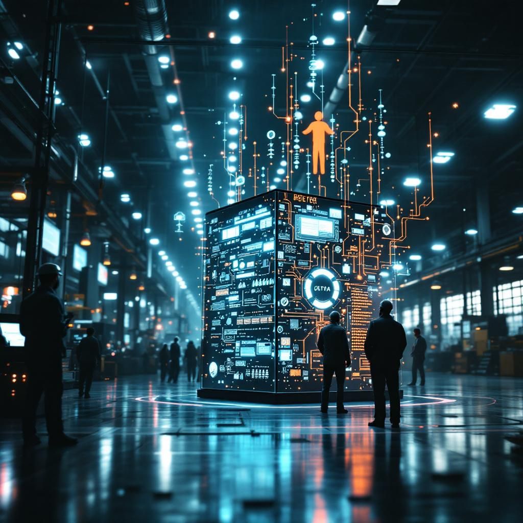 Billedet viser en moderne, dokumentarisk scene i en livlig, futuristisk erhvervsindustri, hvor manuelt arbejdsmiljø smelter sammen med avanceret teknologi. I forgrunden ses en stor, transparent datacentral, der fungerer som et dynamisk nervecenter; dens vægge er dækket af blinkende LED-lamper og skærme, der visualiserer komplekse dataflows gennem farverige, abstraherede grafstrukturer, der symboliserer hukommelsesnetværket. Over dette center svæver flere, bløde, silhuetagtige ikon-repræsentationer af tekst, lyd og billeder, der smelter sammen i et fluidt, omnidirektionelt flow – en visuel metafor for multimodalitet og langtidshukommelse. Det er en realistisk og præcis skildring af, hvordan avanceret AI-teknologi quotidient integreres i virksomhedsrelationer og beslutningsprocesser uden at portrættere personer, hvilket understreger teknologiens rolle som en usynlig, men altvældende kraft bag moderne erhvervsdrift .