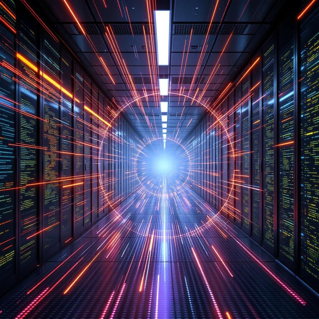 Forestil dig et dokumentaristisk billede, der fanger den samtidige intensitet omkring den teknologiske revolution i AI. På billedet ses en moderne forsknings- eller udviklingshal uden personer i fokus, men med ikoniske visuelle elementer, der symboliserer den enorme datamængde og avancerede teknologi bag DeepSeek V3.1. I forgrunden er der en stor digitaliseret overflade, repræsenterende en