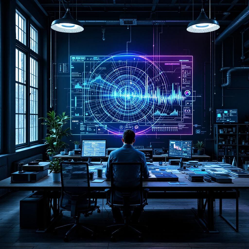 Forestil dig et dokumentaristisk foto taget i et moderne arbejds- eller innovationsmiljø, hvor en stor skærm eller en væg fyldt med kodnings- og dataflow-grafer dominerer rummet. I centrum er ikke personer, men derimod abstrakte, lysende visualiseringer af data—strømme af glødende linjer og bløde, pulserende kurver, der flyder gennem rummet, symboliserende kompleksiteten og de enorme kontekstvinduer, der muliggør dyb informationshåndtering. Farvepaletten er dæmpet, med nuancer af blå, grøn og violet, hvilket fremhæver et højteknologisk miljø uden at gøre billedet for futuristisk, men alligevel spændende og med et klart fokus på maskinens kraft og kompleksitet. Kompositionen bruger tredjedelsreglen, hvor data-strømmene leder øjet mod en central lysende kerne, der fremhæver hybridarkitekturen med sin integrerede teknologi. Installationsbelysning skaber kontrast, med svage gløder, der reflekteres i en glat, poleret bordplade eller et kontormiljø med avanceret udstyr i baggrunden. Kameraet er en Nikon Z9 med e