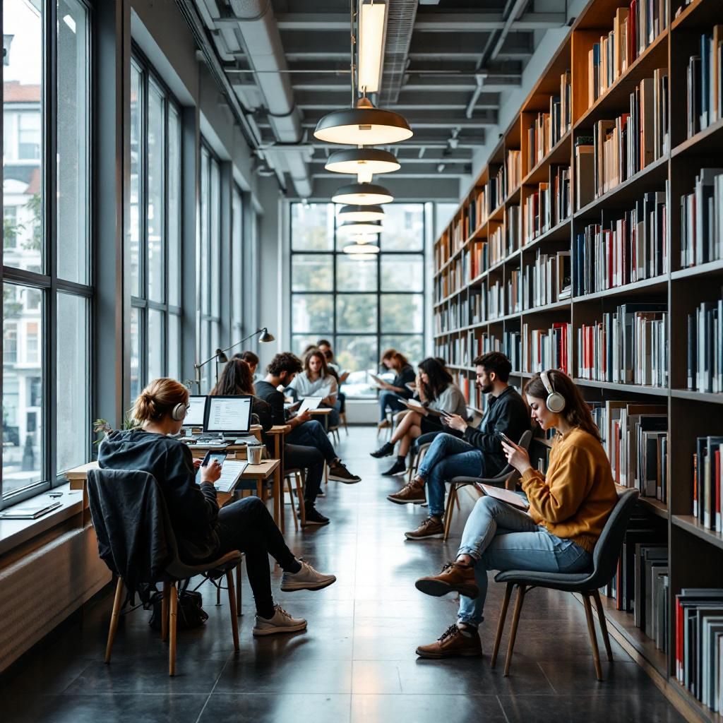 Billedet viser en moderne, urban studie- eller biblioteksmiljø, hvor en gruppe unge er i færd med at lytte til AI-genererede lydbøger og podcasts. Denne scene er optaget i en lav, blød belysning, der fremhæver ørepropper, smartphones og portable lydudstyr, som de unge har med sig, mens de bevæger sig gennem et rummeligt, nærmest futuristisk, men stadig landligt prægget miljø med naturlige materialer som træ og glas. Kompositionen lægger vægt på deres fokuserede, men afslappede kropsholdning, hvor fokus er rettet mod deres ører og udstyr, og miljøet er subtile baggrundsdetaljer, der antyder en overgangstid, hvor traditionel læsning stadig eksisterer, men lydbølgen er på vej ind. Fotoet er skudt med en Canon EOS R6, med en 35mm objektiv, aperture f/2.8 for en blød baggrundsudskilning, og eksponering sat til 1/125 sek, hvilket giver et naturligt, documentaristisk udtryk uden at fremstå stiliseret eller overportrætteret, men med en realistisk og spunnet dagligdags stemning. Billedet visualiserer en nutidig, trov