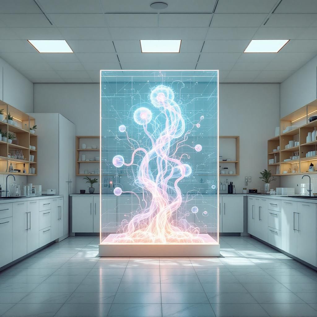 Forestil dig et skarpt, dokumentaristisk billede taget i et moderne, stilfuldt laboratoriemiljø. I midten af billedet er et stort, transparent dataskærm, der projicerer abstrakte, flydende former — de organiske kurver og geometriske mønstre symboliserer de komplekse dataflow og arkitekturstrukturer, som understøtter både PyTorch og TensorFlow. Rummets baggrund er præget af minimalistiske, neutrale farver, med bløde, naturlige lysindfald, der fremhæver konferencemontranter af hardware og netværksudstyr, der antyder en robust, avanceret infrastruktur uden at fokusere på personer. Dette scenarie visualiserer den innovativitet og fleksibilitet, der præger den nuværende AI-udvikling, hvor teknologi fungerer som en usynlig kraft i dagligdagen. Detaljerne i billedet understreger den strategiske betydning af frameworks i virksomheders digitale transformation. Den abstrakte datastrøm, der strømmer gennem de flydende former, illustrerer databehandlingens dynamik og kompleksitet, samtidig med at det naturlige miljø fre
