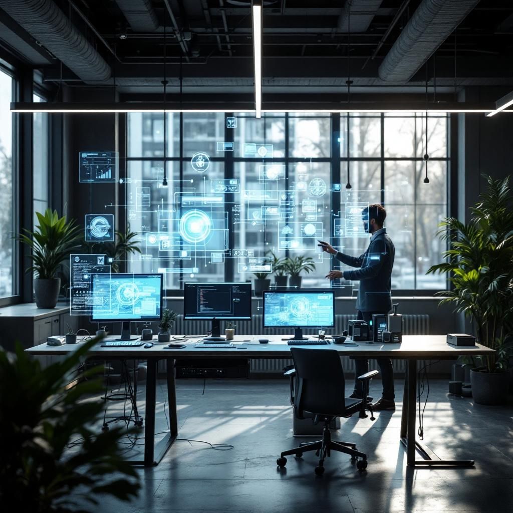 Forestil dig et billede af en moderne, funktionelt designet innovationslaboratorie, hvor abstrakte og monitor-fremvisende hologrammer svæver over arbejdsstationer – men med en dokumentaristisk tilgang, uden sci-fi overdrivelse. I fokus står et parsingbord, hvor antikke, robuste computermoduler er integreret med moderne cloud-udstyr, omgivet af naturlige, neutrale farvetoner og enkelt belysning, der fremhæver detaljerne i hardware og kabler uden at gøre billedet overdrevet futuristisk. I baggrunden er store vinduer, der baner vej for dagslys, som reflekterer på skærme, der viser kodede logs og realtidsvisualiseringer af databehandling, mens en professionel, klædt i afslappet arbejdsglæde, overvåger de komplekse processer uden at træde for tydeligt i fokus—samtidig visualiserer de koncepter som fleksibilitet og samarbejde gennem subtile, geometriske mønstre i billederne. Dette billede kommunikerer en dyb forståelse for nutidens teknologis påvirkning på erhvervs- og innovationsmiljøer, med klar fokus på en real