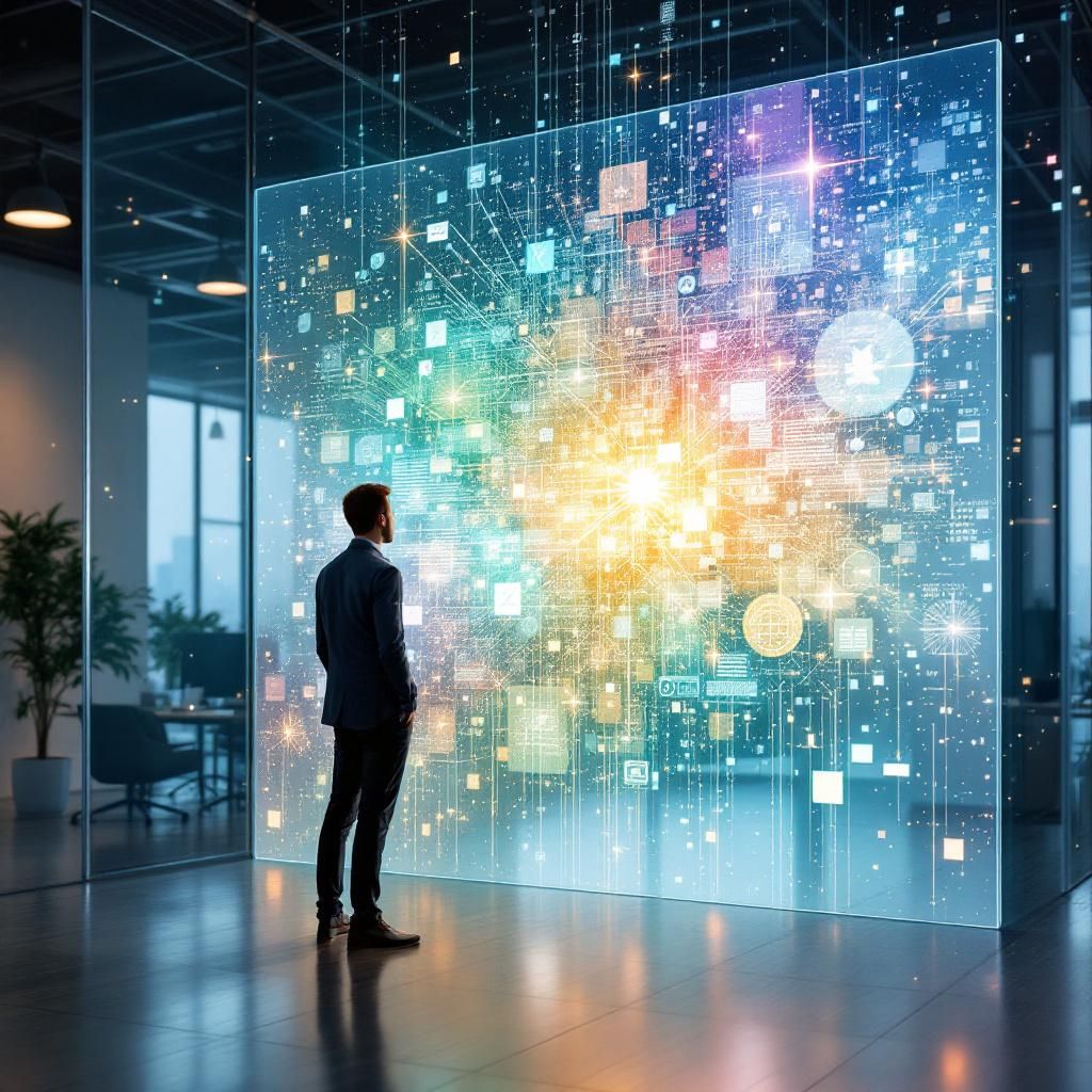 Mit fotografi viser en dagligdags scene i et moderne kontorlandskab, der samtidig fungerer som en visuel metafor for AIs komplekse forhold til virkeligheden. I forgrunden ses en medarbejder, der står ved en stor, transparent skærm – ikke en traditionel computerskærm – men en form for digital væg, hvor abstraherede dataflower og symboler flyder i organiserede, men komplekse mønstre. Bagved skimtes et åbent, lyst rum med forhøjede, industrielle rammer og internt lys, der symboliserer den gennemsigtighed og de udfordringer, der er forbundet med at forstå og implementere AI i praksis. Farvepalette domineres af blå nuancer, som signalerer teknologi, men også kontrolleret usikkerhed, og kontrasterende antydninger af varme, grønne toner, der peger mod de miljømæssige og etiske aspekter ved AIs indflydelse på samfundet. Kompositionen bruger tredeling for at skabe balance — medarbejderen placeres på den ene tredjedel, dataflydene i midten, og den åbne kontorflade i den tredje tredjedel. Lyset er blødt og diffust, h