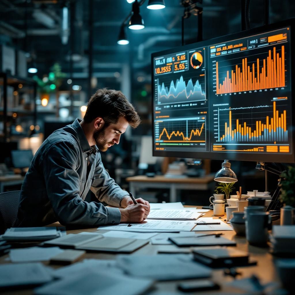 Billedet viser en arbejdsplads, hvor teknologi og manual arbejdsgang smelter sammen i en hverdagssituation. I forgrunden kan man se en medarbejder, der er dybt fokuseret på en stor papirkasse fyldt med omhyggeligt sorteret dokumentation, mens en væg bagved er dækket af store, digitale skærme, der viser komplekse datastrømme og grafer i realtid. Lyset er dæmpet, men med subtile blå og grønne LED-lys reflekterer skærmene og giver et futuristisk, men troværdigt udtryk, der antyder en integreret teknologi i workflowet. Hele scenen er sat i et neutralt, moderne kontormiljø, hvor en naturlig balance mellem det fysiske og digitale tydeligt illustrerer, hvordan innovationen spiller en praktisk rolle i dagligdagen uden at virke overdrevet eller kunstig. Kompositionen følger den gyldne snit, hvor fokus er centreret omkring den medarbejder, der håndterer papirer, hvilket symboliserer den menneskelige indsats i en ofte automatiseret verden. Skærmene danner en baggrund af informationsstrømme, der illustrerer teknologien 