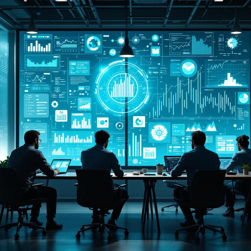 Billedet er en dokumentaristisk, realistisk skildring af et moderne kontormiljø, hvor teknologi spiller en central rolle i at håndtere komplekse, baggrundsprocesser. Kompositionen fokuserer på en situation, hvor en gruppe medarbejdere i et åbent kontor bruger digitalt udstyr til udveksling af data, mens store skærme viser grafer, algoritmer og flowcharts, der illustrerer AIs indvirkning på effektivitet. Lyset er dæmpet, med fokus på de lyse skærme, hvilket skaber kontrast mellem den fysiske verden og de digitale data, der flyder gennem rummet. Denne scenarie fremhæver den usynlige arbejdsproces bag kulisserne og symboliserer, hvordan AI-transformerer interne rutiner uden direkte kontakt med kunderne, hvilket afspejler de 