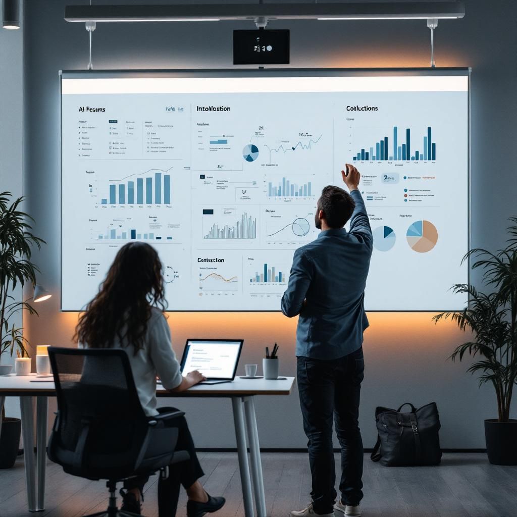 Mit fokus vil være på en dokumentaristisk, realistisk gengivelse af en moderne arbejdsplads, hvor teknologien integreres i dagligdagen uden at bruge personer som centrale motiver. Forestil dig en kontor- eller innovationsmiljø med åbne rum, hvor en stor, digital whiteboard dominerer væggen, med diagrammer og dataflow, der symboliserer AI-adoption. I baggrunden ses elegante bordløsninger med moderne computerudstyr, men det er den dynamiske atmosfære mellem teams, der afdækkes gennem subtile gestus og samtaler, og ikke gennem personer foran skærme. Eksempelvis en scene, hvor en medarbejder peger på en stor skærm med kodediagrammer og AI-modeller, mens omkringliggende kolleger noterer eller diskuterer, hvilket illustrerer en kultur med åben dialog og læring om teknologi i en virksomheds innovative miljø. Billedkompositionen bruger tredjedelsreglen for at skabe balance mellem det konkrete og det abstrakte element i rummet. Naturligt lys fra store vinduer fremhæver de elegante overflader og data-projektioner, hvi