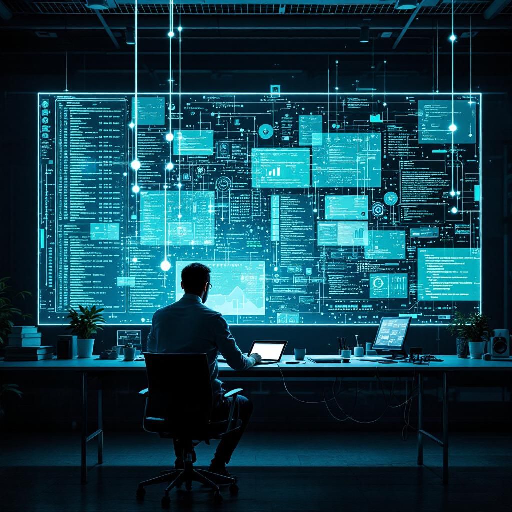 Billedet viser en højteknologisk, nutidig arbejdsplads, hvor en medarbejder står foran en stor digital skærm, der viser komplekse datamålinger og kodningsmiljøer. Billedets abstrakte element er repræsenteret gennem en dynamisk visning af lyssignaler, der symboliserer data- og AI-strømme, der flyder over skærmen i forskellige farver – blåt, grønt og hvidt – hvilket skaber en følelse af intens aktivitet uden at være forstyrrende. Kompositionen følger den tredjede del-princip, hvor medarbejderen er placeret i den venstre tredjedel, mens den digitale information dominerer den midterste og højre tredjedel, hvilket understreger den omfattende integration af teknologi i den daglige arbejdsgang. Kameraet er en Canon EOS 5D Mark IV med en 24-70 mm f/2.8 linse, sat til en eksponering på 1/125 sek, ISO 400 for at fange den naturlige belysning og den levende virkelighedsintensitet uden forstyrrelser, hvilket resulterer i et skarpt, men kraftfuldt billede. Det fængende element ligger i den visuelle balance mellem den men