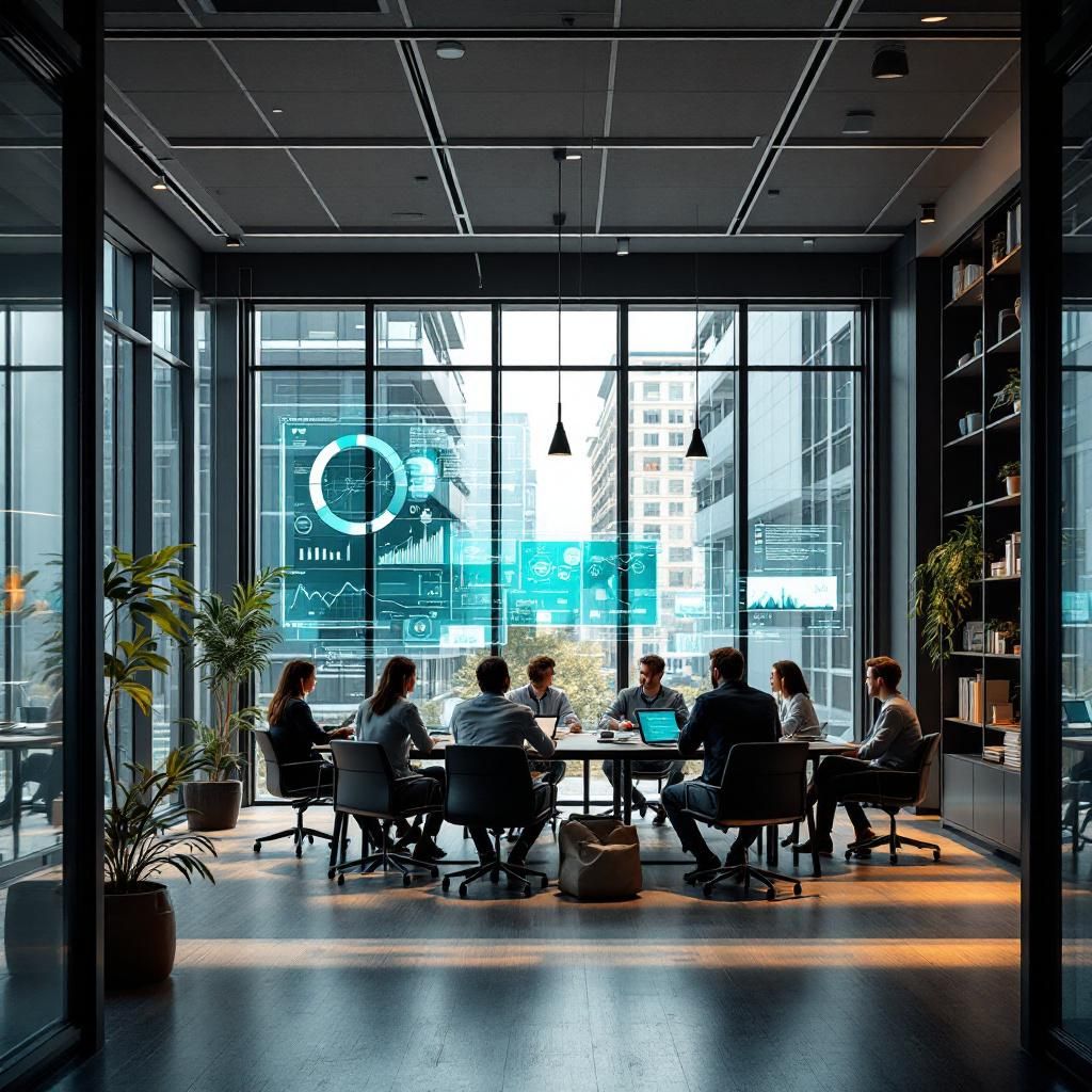 Billedet viser en moderne kontorbygning med et åbent, transparent design, hvor naturligt dagslys strømmer ind gennem store vinduer. I forgrunden ses en gruppe forskere og ingeniører i afslappet, men fokuseret samtale omkring en stor, digital interaktiv skærm, der viser komplekse datastrømme og grafer, symboliserende AIs integrering i deres arbejdsproces. Det æstetiske setup er enkelt, men præcist komponeret med en balance mellem teknologi og menneske, hvor fokus er på samarbejde og innovation, uden at personerne fremstilles tydeligt, hvilket understreger teknologien som en kollektiv kraft. Kameraet er et Canon EOS R5 med en RF 24-70mm f/2.8L lens, sat til en blød dybdeskarphed (f/4), med en lukkerhastighed på 1/125 sek. og ISO 400, hvilket sikrer skarpe, realistiske detaljer i et miljø med naturligt lys. Billedet formidler den komplekse blanding af menneskelig innovation og avanceret teknologi, hvor AI er en central del af arbejdsdagen, men uden at overlade det til sci-fi fremtidsbilleder. Det elegante sams