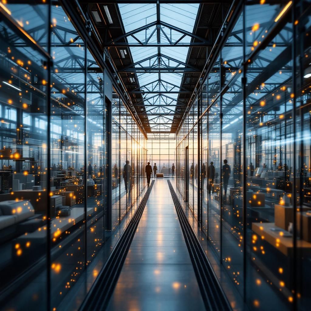 Forestil dig et billede af en moderne industripark, hvor sollyset reflekteres i matcher af transparent glas og metal, der kombinerer det traditionelle med det high-tech. I centrum ses et netværk af mindre, synligt ældre maskiner og automatiseringsudstyr, integreret med subtile, diskrete sensorer og kabler, der illustrerer en decentraliseret AI-arkitektur. Dette skaber en rolig, men energisk atmosfære, hvor teknologi og menneskelige aktiviteter smelter sammen uden at dominere, og viser den daglige drift i en virksomhed, der bygger på samarbejdende AI-agenturer. Billedets dybde og sikre farvevalg balancerer mellem det_OPERATIONelle og det_Hverdagsagtige, underbygget af en anvendt sidelys, der fremhæver tekstur og struktur i miljøet. Kameraet, en Canon EOS R5 med en RF 24-70mm f/2.8-linse, er sat til en bred skudvinkel med en optimal dybdeskarphed. Indstillingerne er sat til en eksponering på 1/125 sekund, ISO 200 for at fange de fine detaljeudtryk uden støj, med en apertur på f/5,6 for at sikre skarphed gennem