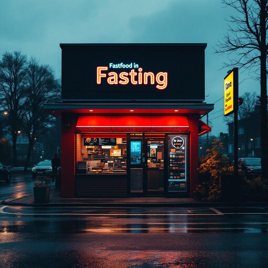 Forestil dig et dokumentaristisk, realistisk billede taget i en travl fastfood-restaurant, hvor fokus ligger på det abstrakte møde mellem teknologi og dagligdags liv. Billedet viser en moderne drive-in facade, hvor en digital skærmfri skub er i fokus: en minimalistisk, stilren opstilling med holografiske elementer, der svæver let over bestillingsdisken – subtilt antydende AIs tilstedeværelse uden at overdrive. I baggrunden er lys fra neonfarvede skilte, der skaber kontrast til en kursiv, blød belysning, der fremhæver restaurantens travlhed og de subtile tegn på digital integration. Foden på billedet: en hånd med en engangsmælkekarton, der holder en smartphone med en åben app, hvilket antyder den digitale kundeoplevelse uden direkte at vise personer – en dokumentaristisk repræsentation af den ‘usynlige’ teknologi, der styrer processerne i erhvervet . Kompositionsmæssigt bruger billedet tredelt etikette med fokus på den futuristiske, men stadig realistiske atmosfære: AI-systemets graffitikonturer af en bestil