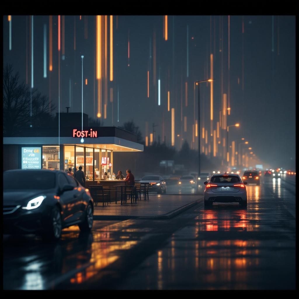 Billedet forestiller en travl, moderne fastfood-Drive-in-scene i et typisk amerikansk miljø med et futuristisk præg, hvor teknologien er helt integreret i den daglige drift uden at dominere billedet. I forgrunden ses en næsten abstrakt, minimalistisk struktur af digitalt udseende lyssignaturer og data-strømme, der symboliserer AI’ens tilstedeværelse og dens uundværlige rolle, men uden at overlade det til science-fiction. Baggrunden viser en lang række biler, der venter i kø, uden direkte menneskelige ansigter, hvilket fremhæver det docu-agtige, realistiske miljø, hvor teknologien arbejder bag kulisserne for at håndtere ordrer. Lyset er blødt, med naturlige skygger og afdæmpede farver, der understreger den dokumentariske stil, mens subtile refleksioner fra datadrevne elementer komplimenterer scenen for at skabe en følelse af moderne hverdagsliv i den digitale tidsalder. Kompositionen bruger tredjedel-reglen for at balancere det abstrakte datamønster med det travle kørselsmiljø, hvilket skaber en dybde, der