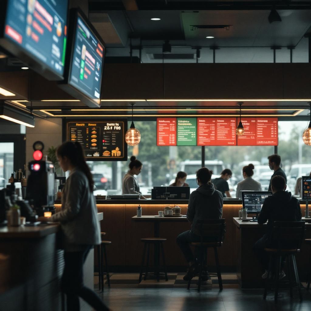 I en dokumentaristisk, realistisk stil forestiller jeg mig et billede taget i et moderne moderne fastfood miljø, hvor teknologien er integreret i hverdagens rytme. Billedet viser et roligt, næsten neutrum miljø med en drive-in lane, hvor AI-styrede terminaler er indlejret i det indre landskab af restauranten. I forgrunden er der en subtil abstraktion: et minut fokus på en digital skærm, der bruger farvekodede signaler til at vise ordrebeskrivelser – grøn for godkendt, gul for ventende, rød for fejl. Bagved er der nogen få kunder, hvis siddesteder er svagt oplyst, og refleksioner fra lysende skærme giver en følelse af konstant skiftende dataflow, uden at fremhæve ansigter eller personlige elementer. Lyset er køligt, med en blød blå nuance, der understreger teknikkens ro og præcision, mens små sekventielle fokuspunkt’er guider øjet gennem det digitale og det fysiske. Kameraet er en Canon EOS R6 med en 24-70mm f/2.8 linse, indstillet til en aperture på f/4 for at skabe dybdeskarphed, lukketid omkring 1/60 sek. o
