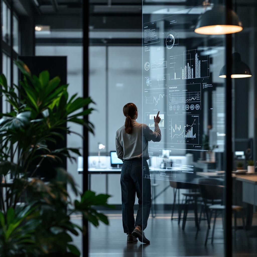 Billedet viser en moderne, åben arbejdsplads i et nordisk startup-miljø, hvor teknologi er integreret i dagligdagen uden at være dominerende. I forgrunden kan man se en stor, naturlig plante, der symboliserer vækst og bæredygtighed, mens en enkelt person i baggrunden – afklædt i en neutral, moderne beklædning – betjener en stor, transparent skærm, der viser komplekse datastrømme og grafer. Dette understreger den fleksible, brugervenlige teknologi, der er tilgængelig for alle, uden at der er behov for stor maskinel indsats. Fotoset er iscenesat i et lyse, naturligt lys med subtile, kolde farvetoner og en antydning af blå- og grønnuancer, der forstærker den innovative og pålidelige stemning. Kameraet er et full-frame Sony A7R IV med en 24mm prime linse, indstillet med en lav dybdeskarphed (f/2.8) for at fremhæve plantens tekstur og det halve ansigt i blødt fokus, hvilket skaber en følelse af menneskelig nærhed i den teknologiske kontekst. Eksponeringen er indstillet til ISO 400, 1/125 sek undgående skævhed i b