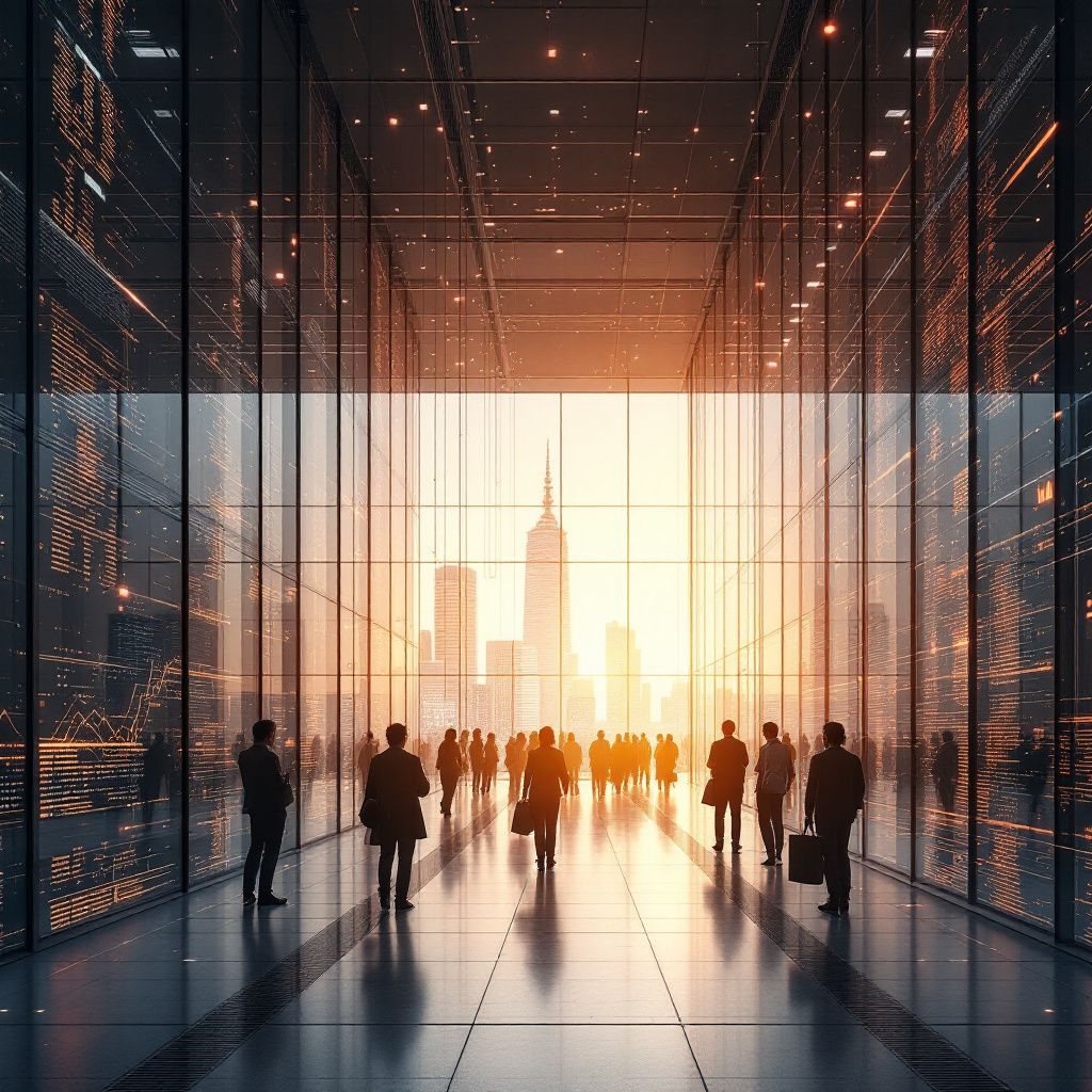 Mit fokus på den midterste tredjedel af artiklen, der beskæftiger sig med datainfrastrukturens udfordringer og potentialet for realtidsdata, vil jeg skabe et billede, der visualiserer en moderne, nytidig arbejdsplads environment, hvor data flyder hurtigt og effektivt gennem en kompleks infrastruktur. Billedet kan vise en stor, transparent datacentral med synlige, forbundne kabler og LED-lys, der symboliserer hastighed og forbindelser, indrammet af en minimalistisk, teknologisk indrettet kontorbygning med store vinduer, der åbner mod en urban dagslysby. Atmosfæren er præget af en rolig, produktiv stemning, hvor data er i bevægelse, visualiseret som strømmende digitale linjer eller netværksstråler, der binder systemer og mennesker sammen, uden at personerne står direkte foran skærme, men i stedet symbolsk er integreret i en dynamisk infrastruktur. Dette billede vil visualisere den virkelige verden, hvor avanceret datainfrastruktur muliggør hurtige analyser og beslutninger — f.eks. en produktionslinje, der reag