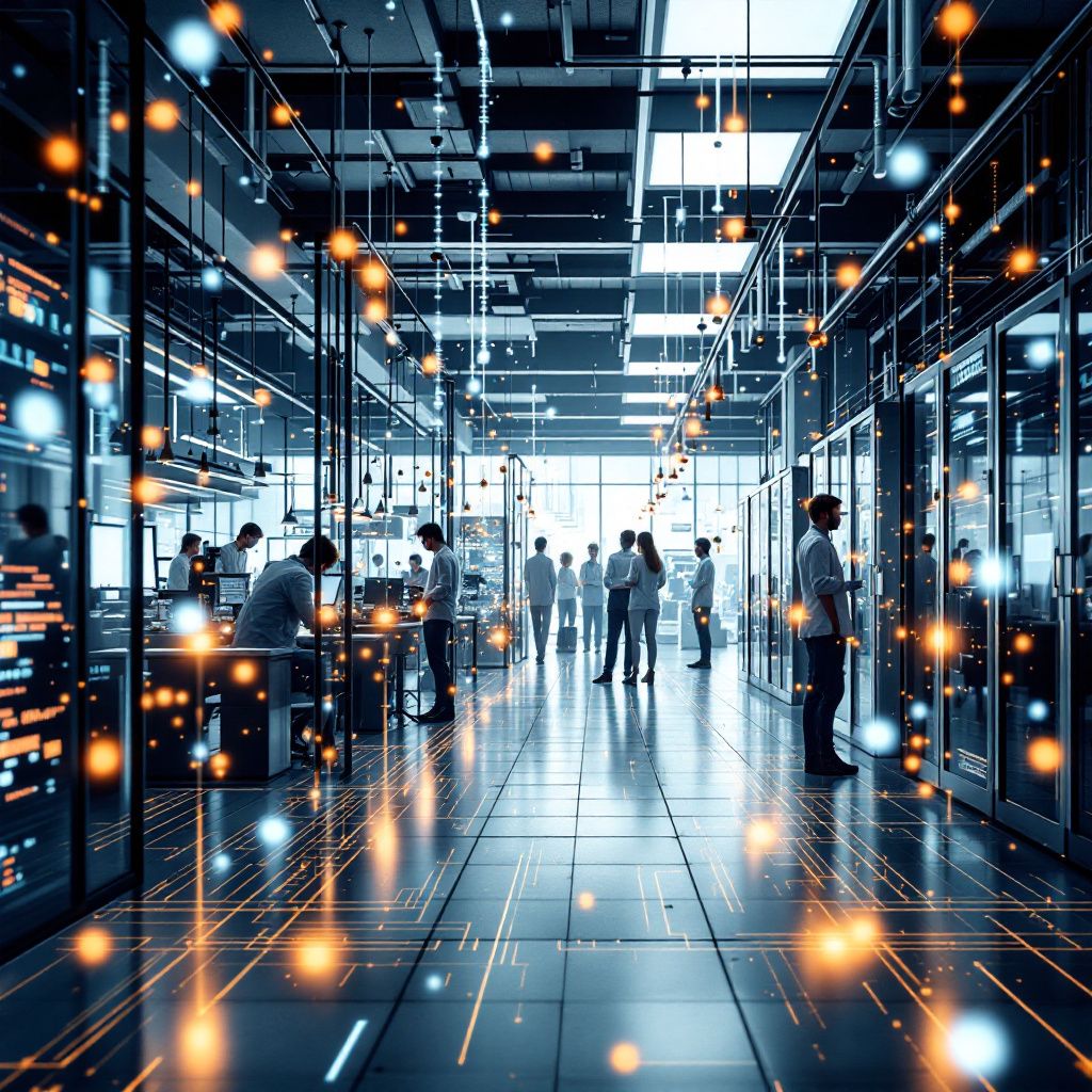Det mest fængende og spændende billede, der passer til den sidste tredjedel af artiklen om åbne AI-modeller som Apertus, kan visualisere en dynamisk, realistisk situation i en moderne, forsknings- eller innovationshøjborg. Forestil dig et foto taget i en stor, naturligt belyst lab- eller innovationscenter, hvor flere forskere og teknologer arbejder omhyggeligt med store skærme og hardware, der illustrerer dataflows og kodende processer – uden at fokusere på personer. Billedet fanger abstrakte, symbolsk repræsenterede datakanaler, der flyder i organiske mønstre over computerhardware, der er nøje placeret på borde, omgivet af åbne servere, kabler og visuelle visualiseringer på store skærme, der fremviser komplekse grafer og diagrammer. Dette kan give en stærk, dokumentarisk illustration af teknologiens konkrete virkelighed og dens potentiale for digital selvstændighed, datahåndtering og åbenhed – uden at behøve at vise mennesker. For yderligere autenticitet kan billedet indeholde subtile elementer af den fysis