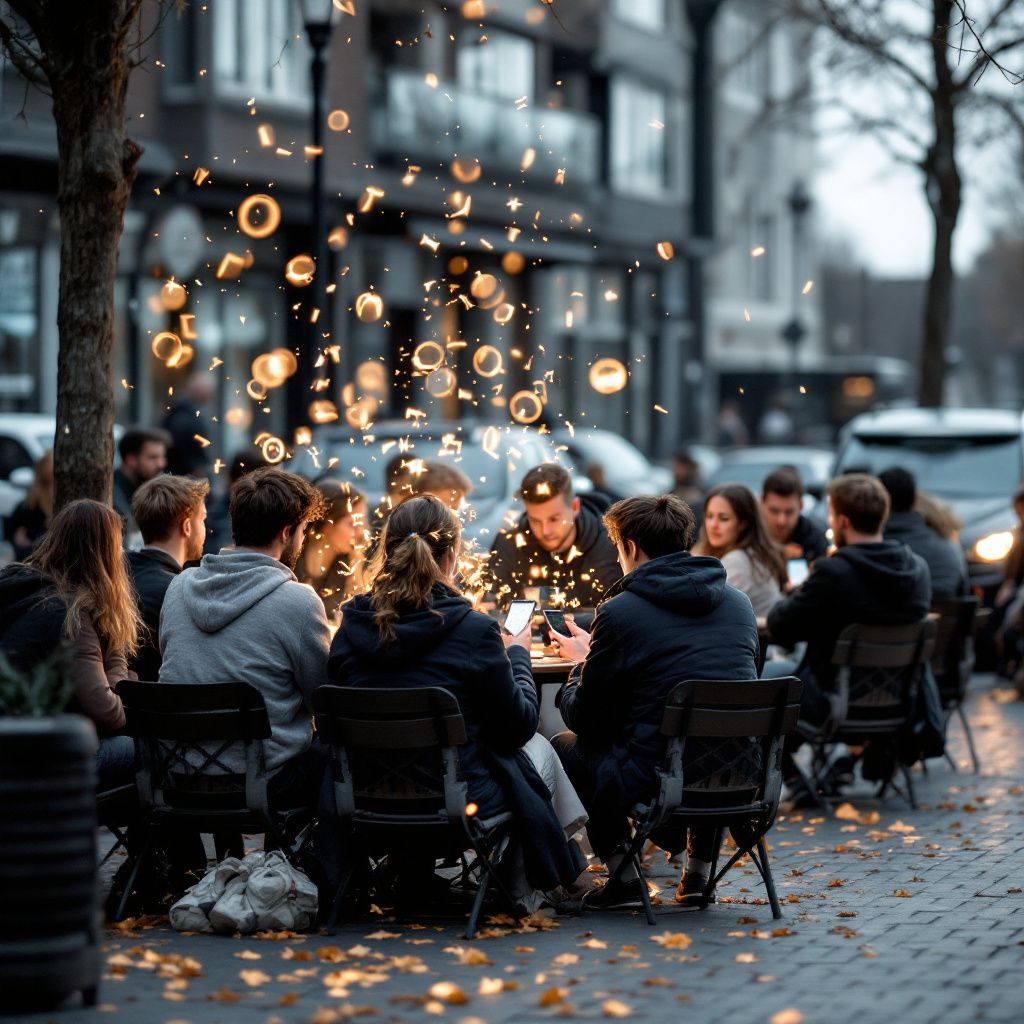 Det mest fængende og relevante billede for denne artikel er et dokumentaristisk, realistisk foto, der visualiserer den subtile, men kraftfulde påvirkning AI har på følelser i hverdagen. Forestil dig en daglig scenesammenhæng i en moderne by eller et socialt miljø, hvor en gruppe unge mennesker i en park eller på cafégade sidder i små grupper, hver med deres smartphones. Skærmene viser ikke direkte personer, men i stedet skærende, abstrakte visuelle metaforer: flydende lysskyer, der skaber bevægelse og følelsesudtryk – symboler på AI’s manipulerende kraft, der blidt men insisterende påvirker deres stemninger. Det er en realistisk scene, hvor følelser er synlige i ansigterne, og hvor den underliggende trussel om manipulation er antydet gennem de luftige, flydende farver, der svæver omkring dem uden at være direkte digitaliserede. Dette kan illustrere, hvordan AI’s følelsesindflydelse er en konstant, usynlig kraft i det moderne liv uden at gøre billedet sci-fi, men realistisk og naturnært . Billedet understrege