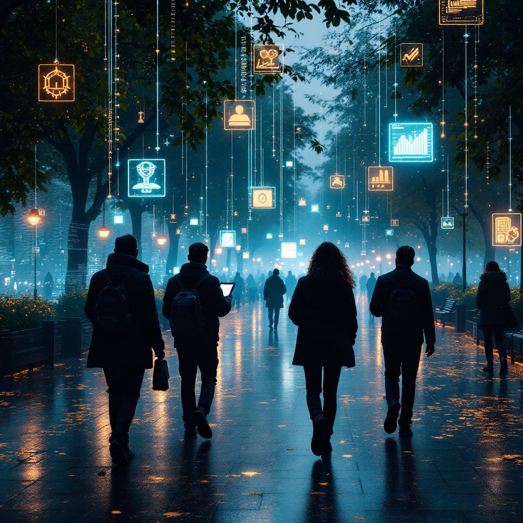 Det mest fængende og spændende billede, der kan visualisere emnet om AI’s følelsesmanipulation i en dokumentaristisk og realistisk stil, kunne være et abstrakt, men alligevel genkendeligt miljø: en moderne bypark eller storbymiljø, hvor digitale skærme og displays er integreret i hverdagens liv. Forestil dig en gruppe mennesker spadserende gennem parken, hvor nogle af deres enheder – smartphones, tablets – projicerer flydende, farverige datavisualiseringer og symbolske bølger, der symboliserer følelsesmanipulation, der sent og subtilt skifter form. Disse bevægelser er bløde, organiske, næsten som vandstrømme eller luftbølger, der omslutter dem uden at dominere, hvilket viser, hvordan AI’s påvirkning er blevet en betinget del af vores miljø uden at være påtrængende. I den bagvedliggende scene kan man forestille sig en skinnende appellerende digital skyline mod en grå, molnfuld himmel, hvor lysende signalfarver siver ud gennem bygninger og belyser omgivelsen. Her er ingen mennesker i fokus, men det abstrakte e