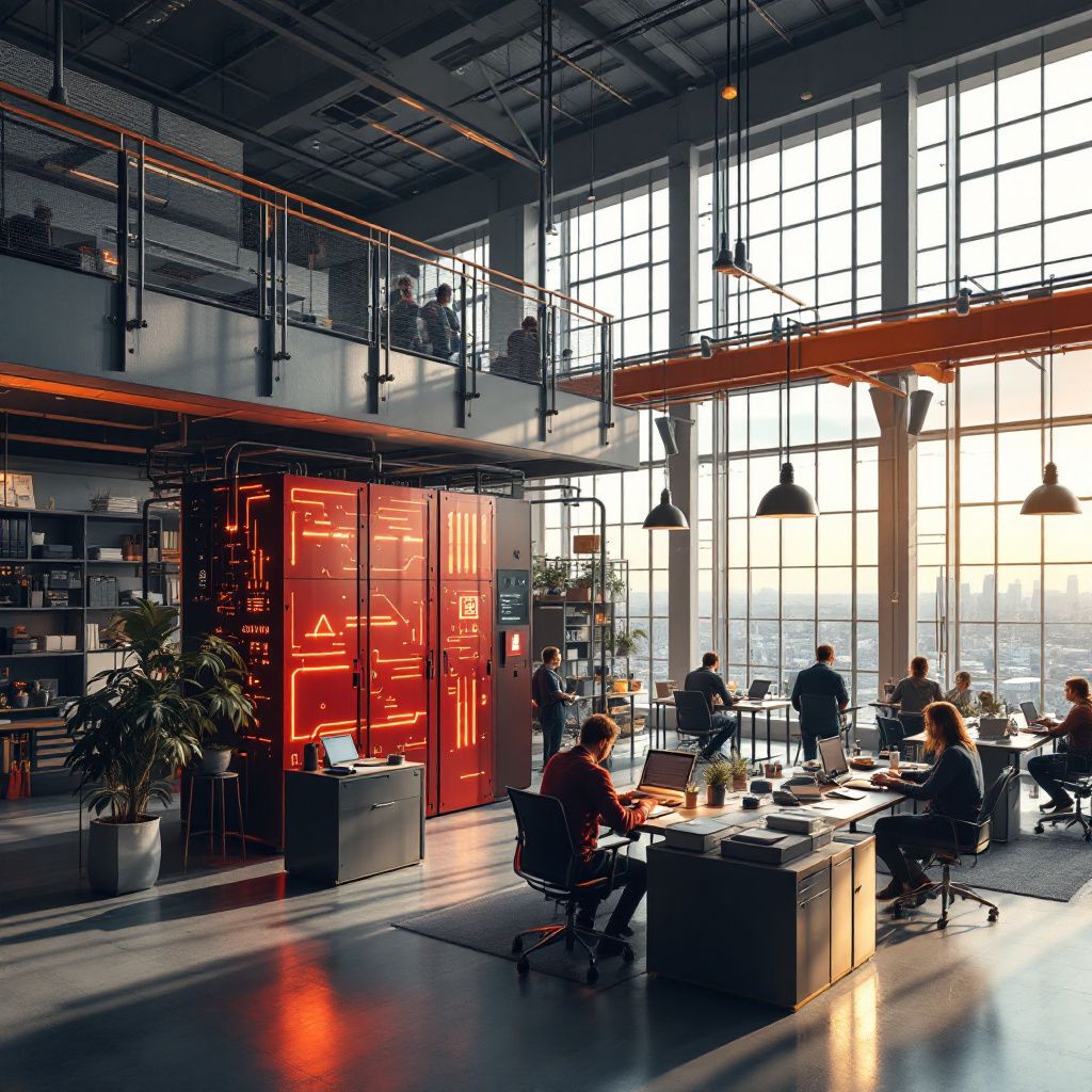 Billedet er en dokumentaristisk skildring af en typisk dag i en moderne, avanceret industriel produktionshal. Det viser en stor, åben indretning med høje lofter, hvor levende, naturlige lysstrømme strømmer ind gennem store panorama-vinduer, der afslører en urban skyline udenfor. I midten står en stor, kompakt AI-processor installeret på et industrielt, minimalistisk metalskab, omgivet af fysiske elementer som kabler, sensorer og robuste dataledninger, der symboliserer databehandlingens fysiske fundament. Rummet er fyldt med arbejdende ingeniører i komfortable arbejdsbeklædninger, der overvåger og vedligeholder systemet, mens de dokumenterer data på tablets – uden fokus på personlige computere eller kontorindretning. Dette billede afspejler teknologiens indflydelse på det industrielt avancerede miljø, hvor AI-udstyr er integreret i den fysiske infrastruktur, og hvor datasuverænitet og sikkerhed er centrale værdier. Det understreger, hvordan sådanne enheder kan operere off-line og integreres i kritiske sekto