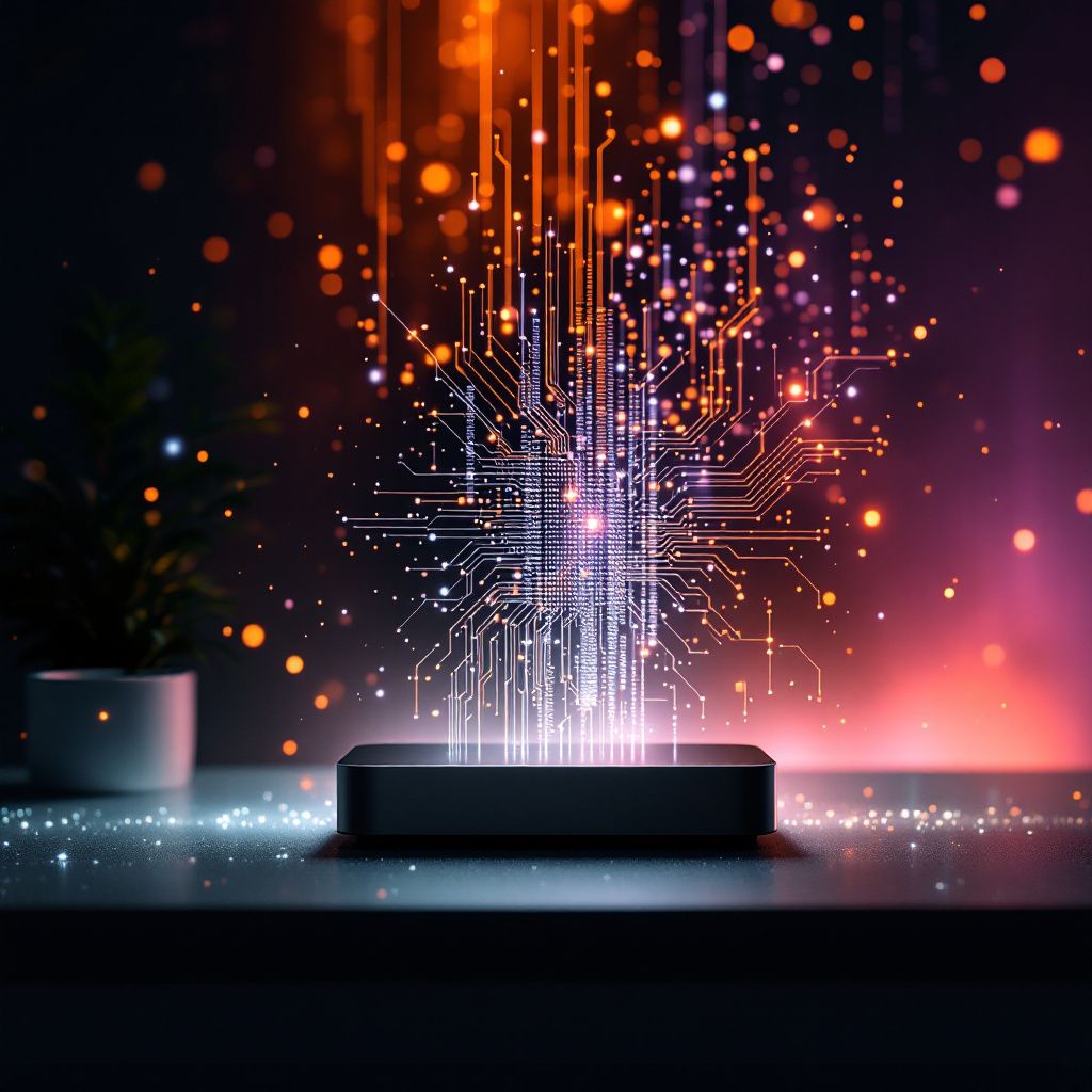 Forestil dig et nærbillede, der symboliserer den transformative kraft ved EmbeddingGemma og on-device AI i nutidens miljøer. Kameraet er placeret på gulvet, rettet mod en moderne virksomhedsboring, hvor en enkel, slank enhed—et minimalistisk, sort skab med bløde linjer—står på et arbejdsbord omgivet af innovativt udstyr og dataovervågningsskærme. Over enheden svæver abstrakte, flydende bølger af lys og farver, der symboliserer dataoverførsel og AI-processer, hvilket skaber en visuel forbindelse mellem teknologi og beskyttelse af integritet. Sollys gennem store, rene vinduer afspejler sig på overfladen og fremhæver en harmonisk balance mellem avanceret teknologi og den menneskelige faktor. Baggrunden er en moderne kontorbygning, hvor man ser en gruppe manageable medarbejdere i diskrete, nethvide miljøer, der ser på skærme med indlejrede diagrammer og grafikker, uden at det overvælder. Her er fokus på det usynlige, men alligevel kraftfulde: Data, som trækker sig som klare, organiserede bølger gennem rummet, in