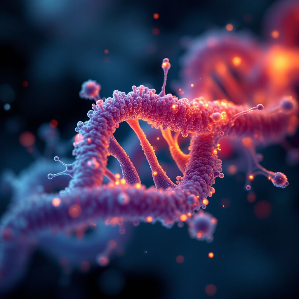 Det mest fængende og spændende foto, der illustrerer artiklens kerne, bør fremvise en abstrakt, dokumentaristisk repræsentation af den komplekse biomedicinske databehandling i praksis. Forestil dig en nærbillede af en avanceret mikroskopisk struktur, der symboliserer genomsekvensering, med subtile, lysende linjer, der følger biologiske hierarkier og genetiske varianter. Over dette overlay kan der være flydende, strejfende linjer af data, der repræsenterer AI’s ræsonnerende processer, integreret med en baggrund af laboratorieborde, forskningsteknologier og digitale funktioner, der tydeligt viser en aktiv, moderne biomedicinsk forskning. Det vil give en realistisk, dokumentarisk følelse af, hvordan avanceret AI nu aktivt støtter og former sundhedssektoren, uden at bruge stereotypiske eller clichébilleder af mennesker foran skærme. For at skabe en visuel forbindelse til artiklens tema om AI’s betydelige fremskridt i diagnostik og forskning, kan billedet også inddrage et subtilt element af geometriske former – f