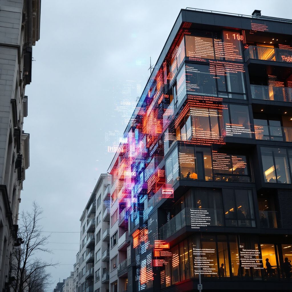 Det mest fængende og spændende foto, der kan illustrere emnet, er en dokumentaristisk, nærmere abstrakt komposition af en moderne, urban hverdag, hvor teknologien spiller en strategisk rolle i offentlige miljøer. Forestil dig en ældre, veluddannet borger, der holder et digitalt dokument, hvor man tydeligt kan se en holografisk, farverig visualisering af data og tekst, der flyder frit i luften — som et symbol på den åbne og transparente anvendelse af avancerede vision-language modeller i offentlig administration. Denne situation foregår i en tydeligt offentlig setting såsom en kommune, hvor borgeren, uden at interagere direkte med computere, modtager og bygger forståelse gennem en visuel datarepræsentation i det fysiske rum. Billedet formidler, hvordan AI-baserede systemer er blevet en naturlig del af borgerenklageprocedurer eller informationsflytning. Det fængende ved billedet er den visuelle balance mellem den menneskelige og teknologiens betydning, hvor data visualiseres som åben, levende information i omg