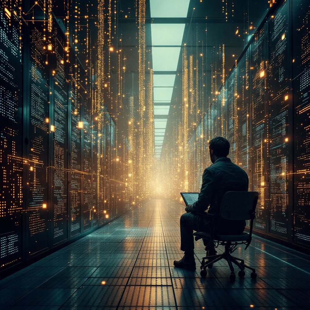 Mit fokus er at skabe et autentisk, dokumentaristisk billede, der illustrerer den komplekse, dynamiske virkelighed i en moderne data- og informationsverden, uden at anvende clichéer eller direkte portrætter af personer. Billedet kan vise en omfattende visuel metaphor for AIs relation til store datamængder: for eksempel en stor, åben kontrollerbar serversal, hvor imellem de rækker af ultralette serverhylder glider farverige datakanaler som strømme af lys, der fylder rummet med en organisk, næsten biologisk følelse af informationsstrøm. Rummet er næsten tomt for mennesker, men fyldt med de symboler – lysstrømme og digitalt udseende – der antyder en kompleks, levende dataøkosystem i konstant aktivitet, hvilket reflekterer teknologiens rolle for hurtig datahåndtering og intelligent informationstransport i dagens samfund.