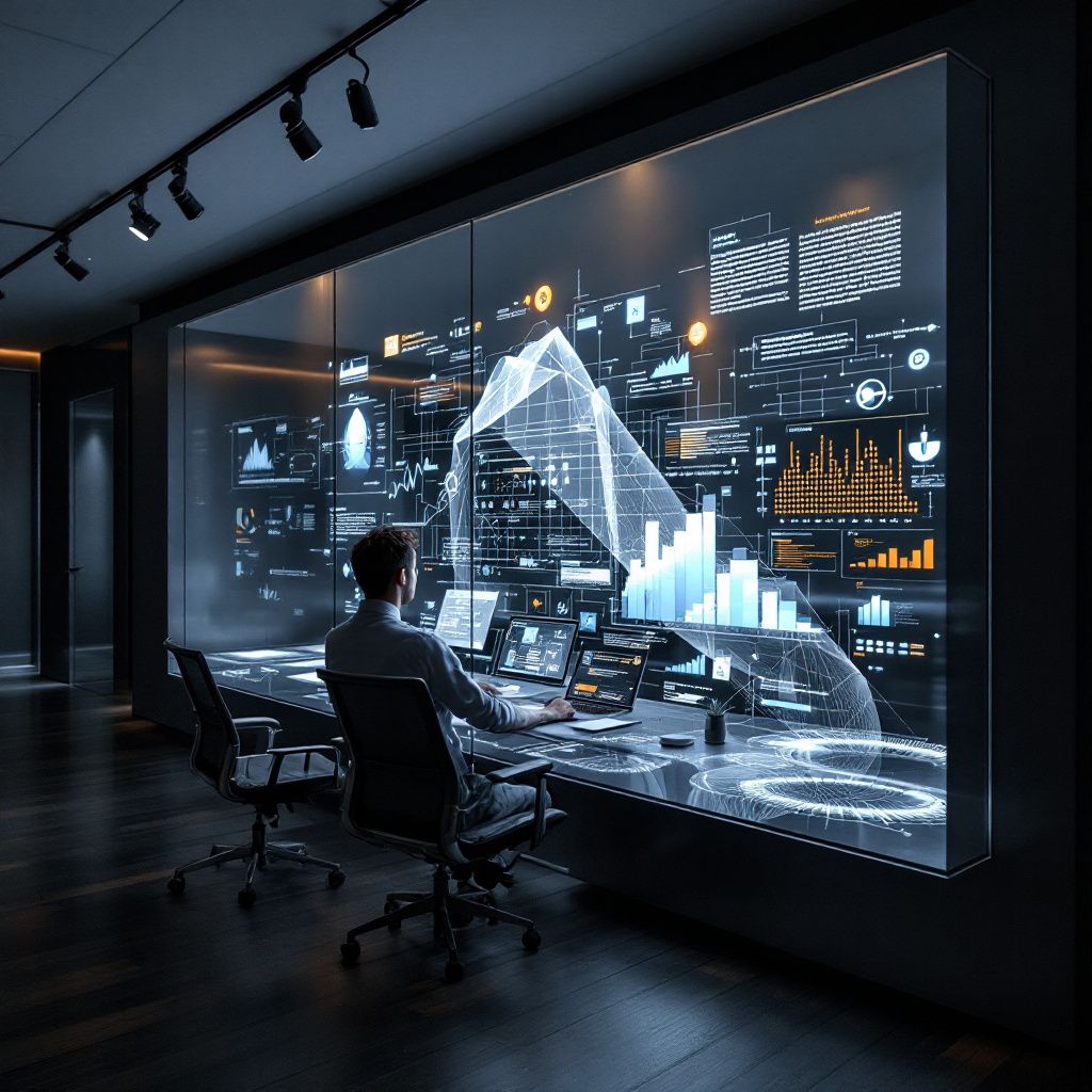 Det mest fængende og spændende foto, der kan illustrere emnet om REFRAG-teknologien, er et dokumentaristisk billede af en kontor- eller cufentermiljø, hvor komplekse informationsstrømme visualiseres gennem abstrakte datagrafikker og 3D-visualiseringer. Forestil dig en stor, stilfuld glasvæg med projicerede, dynamiske diagrammer og tekststrømmer, der flommer over i forskellige retninger, symboliserende den massive mængde data, som REFRAG processerer i realtid. Atmosfæren er præget af en neutral, teknologisk atmosfære med subtile lyspunkter, der efterligner en moderne, avanceret databehandlingsmiljø uden menneskelig tilstedeværelse, hvilket understreger teknologien som en essentielle men usynlig kraft bag samfundsændringer. Billedet formidler en realistisk, dokumentarisk visualisering af den komplekse proces, hvor store mængder tekst og information transformereres gennem avancerede komprimerings- og filtreringsmetoder, uden at fremhæve mennesker direkte. Det skaber en følelse af, at teknologien opererer bag ku