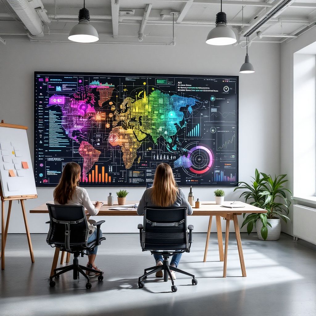 Det mest fængende og spændende foto, der kan illustrere indledningen i artiklen, er et dokumentaristisk billede af en moderne arbejdsplads, hvor teknologi har taget overhånd i en kreativ sammenhæng. Forestil dig et åbent, nutidigt kontormiljø med markerede symboler på AI’s indflydelse: en stor, interaktiv skærm i baggrunden, der viser abstrakte data og visuelle repræsentationer af automatiseringsprocesser, kombineret med subtile hints til kreativitet, som et whiteboard med skitser eller en notesblok foran en tom stol. Atmosfæren skal fremstå naturlig og dagligdags, uden at menneskene er i fokus, men hvor teknologien tydeligt dominerer rummet, eksempelvis gennem robotarme, data-strømme visualiseret på væggene eller maskiner, der symboliserer automatisering. Det bør fremhæve den konkrete effekt af AI’s indtog i arbejdsdagen, hvor teknologi har overtaget rutineopgaver i en snæver, men realistisk nutid. Billedet skulle visualisere en kritisk, men realistisk hverdagssituation, der eksemplificerer, hvordan AI nu e