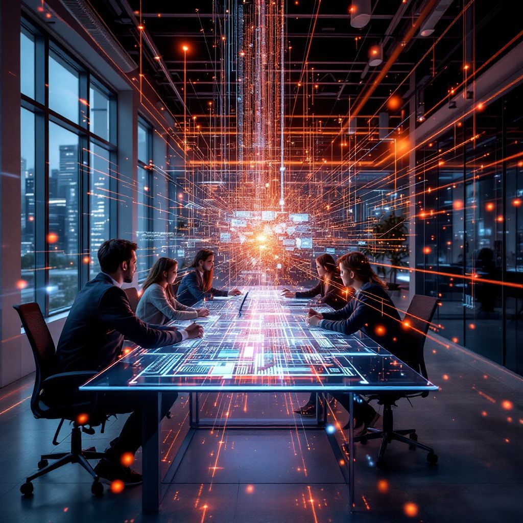 Det mest fængende og spændende foto, der kombinerer abstrakte repræsentationer af artikelens temaer, vil visualisere en moderne arbejdssituation, hvor teknologi og kreativitet smelter sammen i et realistisk, dokumentaristisk miljø. Forestil dig et stillbillede taget i en innovativ skaleringslaboratorie- eller innovationscenter, hvor et større, transparent bord, med en integreret digital skærm, fungerer som centrum for samarbejde. Over bordet symboliserer en overflade af flydende datastreams, digitalt inspirerede grafer og netværk, der ser ud til at flyde gennem rummet, hvilket indikerer teknologiens dybe integration i det daglige arbejde. Selv uden mennesker i fokus, kan elementer som holografiske datavisualiseringer, intelligente spejle med realtidsdata, og subtile indramninger af interaktive grænseflader skabe en atmosfære, hvor AI og data arbejder i symbiose med det menneskelige miljø – en visuel fremstilling af AI’s rolle i automatisering og kreative processer i nutiden. Dette motiv understreger, hvord